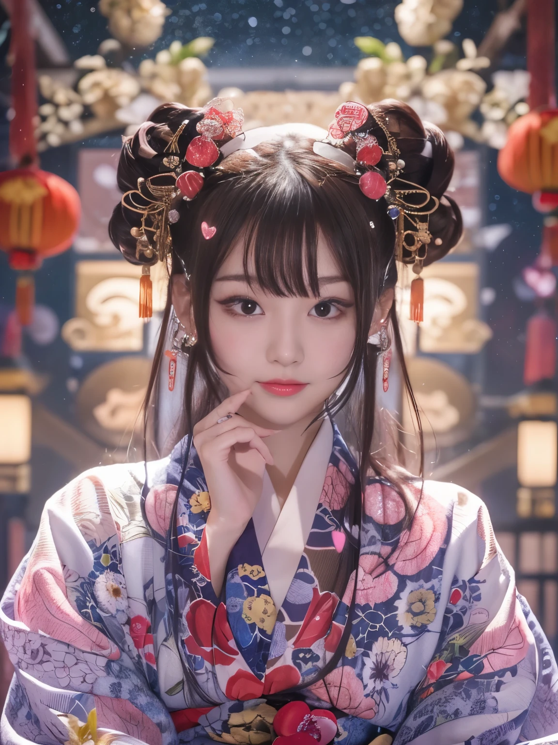 (milky way, Chinese Valentine's Day ), ((night, real light, highest resolution, 8k, masterpiece: 1.3)), 1 girl, beautiful japanese girl, Beautiful girl with slender body: 1.4, abs: 1.1, (dark brown hair), (big: 1.3), (big breasts) ((sensual)), (No underwear)), (yukata)), (kimono)), (valley))), (日本のカラフルなkimono, 花柄の優しい色合いのkimono) ), super cum face, pupil, double eyelid, (((K-POPアイドル: 1.4)), Highly detailed face and skin texture, (((sit with legs apart)), (((milky way, Chinese Valentine's Day ))