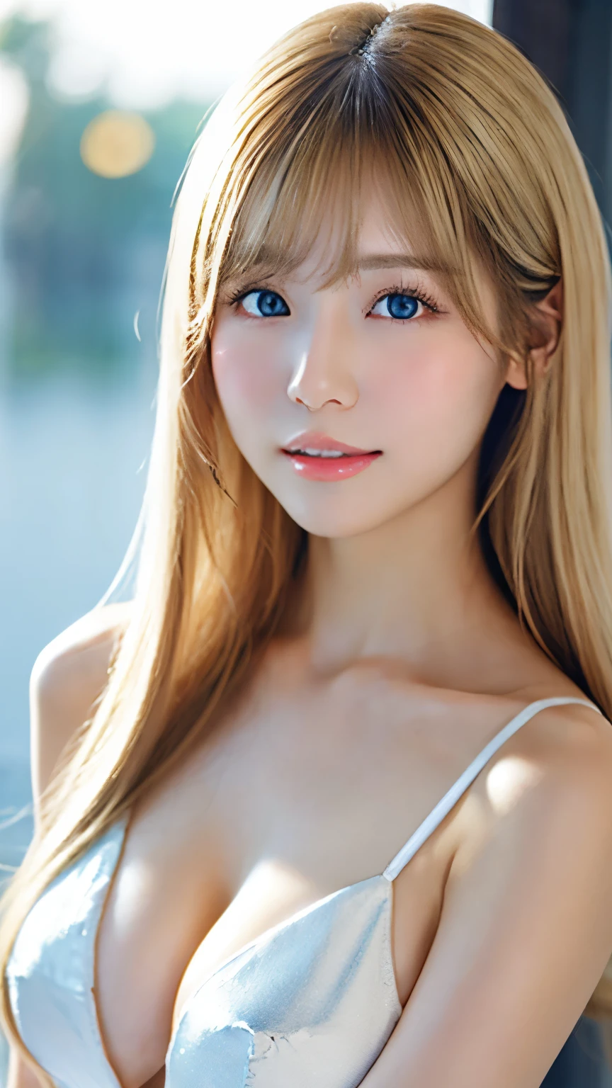 Beautiful white and shining skin、Blonde hair color that changes depending on the light、Long bangs between the eyes obstruct vision、Shiny highlights on cheeks、Sexy and very beautiful lovely cute gorgeous face、the most beautiful face in the world、Super long gorgeous spare blonde hair、smooth straight hair、big breasts, Huge, bright, light blue eyes、beautiful bangs、beautiful cute girl.small face beauty、cheek gloss highlight