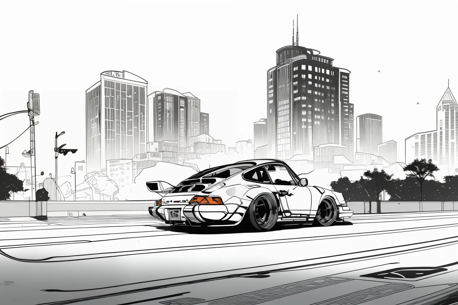 nvinkpunk, painting of a city with a Porsche 911 rwb rotting,wide bodykit, high quality,