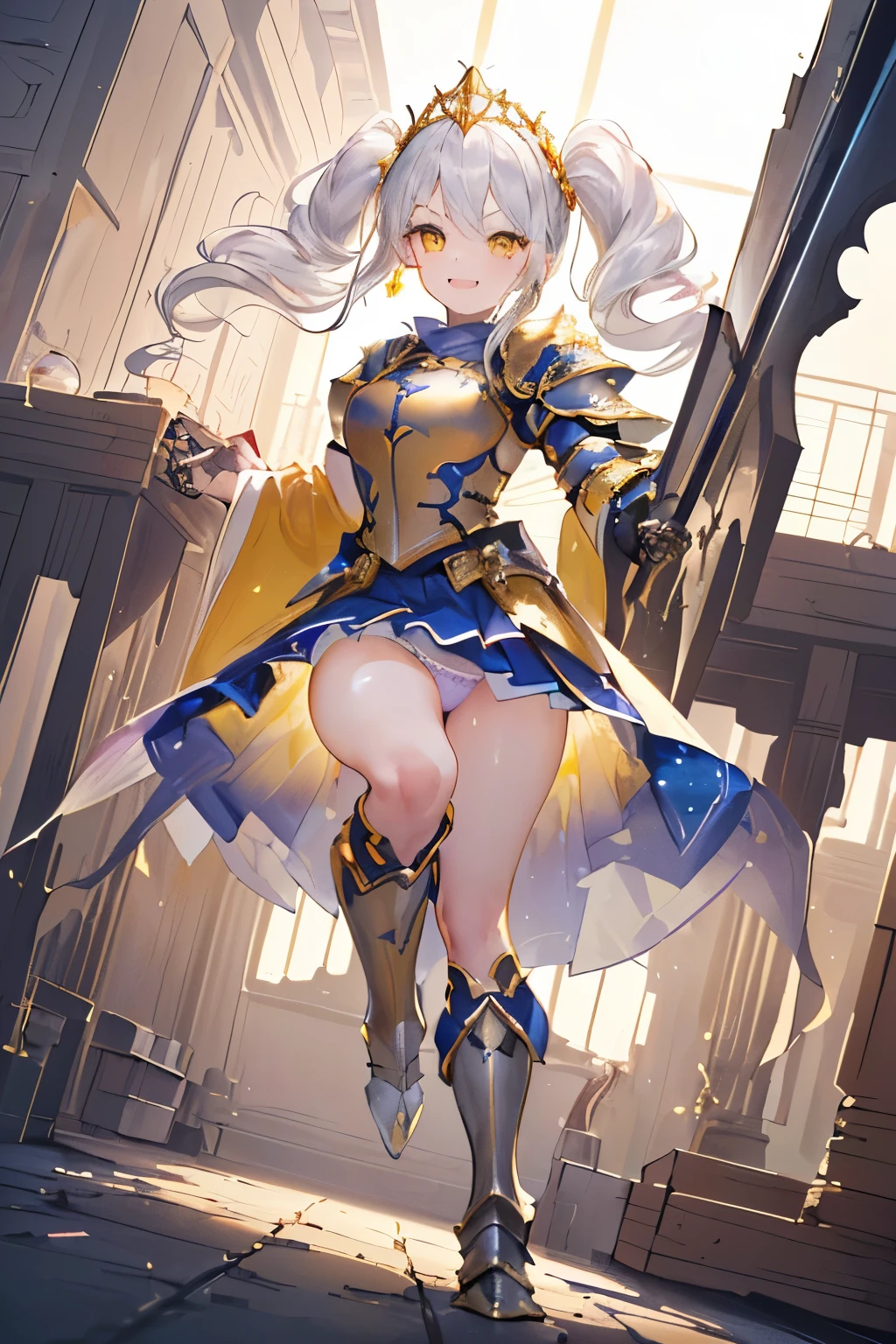 A woman in a blue and yellow dress holding a sword - SeaArt AI