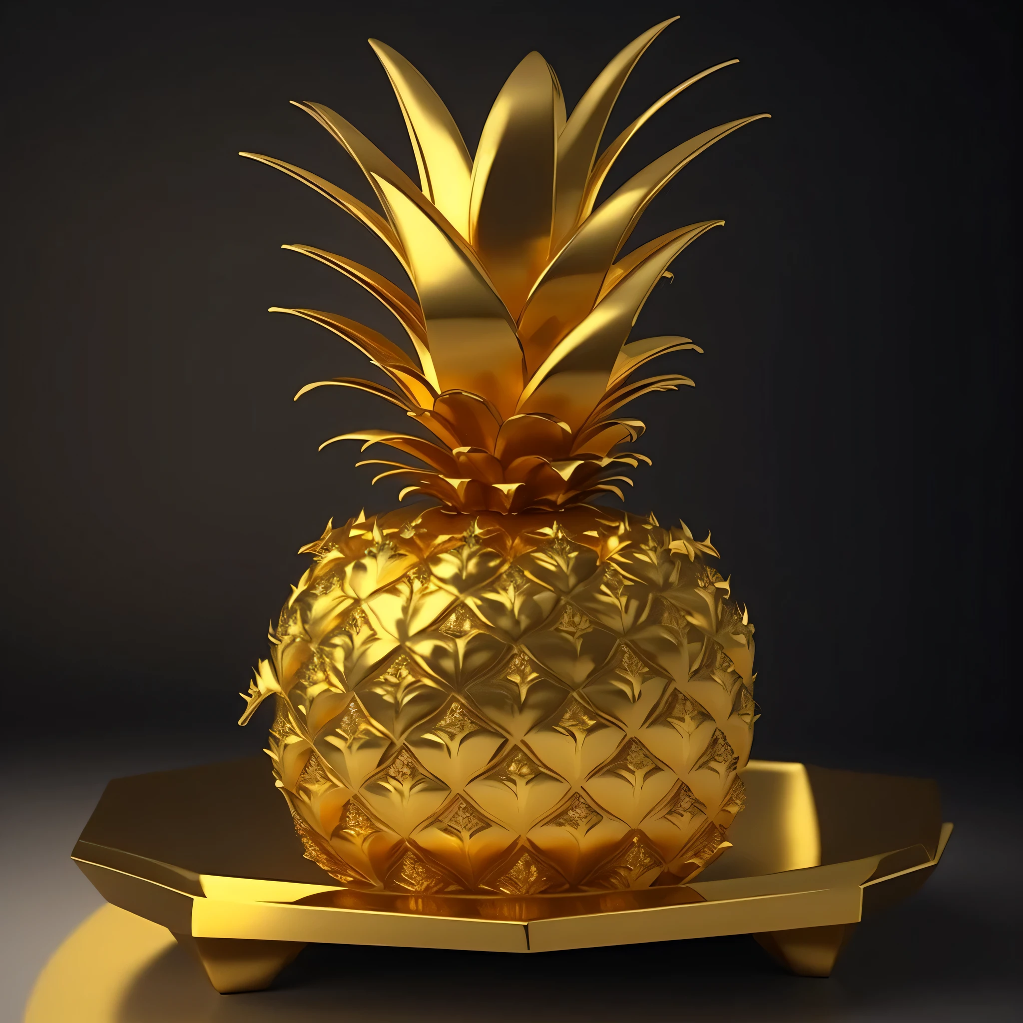there is a gold pineapple on a gold plate on a black background, pineapple, realistic gold, gold and luxury materials, sculpture made of gold, designed in blender, pineapples, made of gold, by derek zabrocki, shiny gold, golden apple, inspired by Hedi Xandt, high quality topical render, 24k