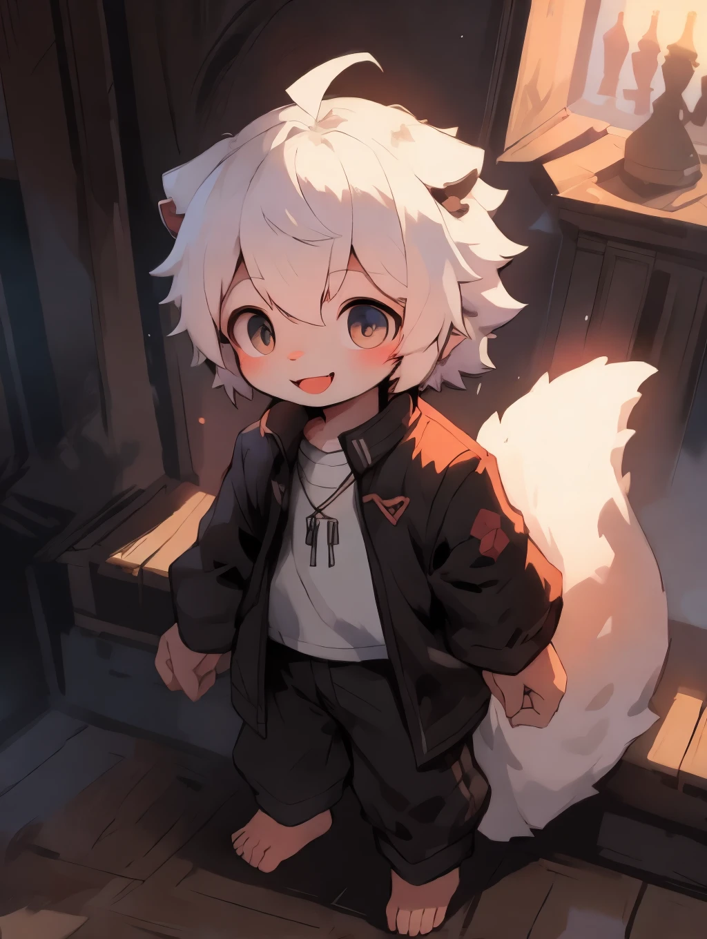 (Bright Environment: 0.8), Masterpiece, High Quality, Abstract Res, Digital Painting\(Artwork\), by Dagasi, Yupa, Kiyosan, (Anthro, Fluffy Fur, Character Focus: 1.1), Anthro Male Cat, Short Hair, Portrait , bright eyes, panorama, character focus. (Detailed background: 0.7), Furry, Furry male, Male focus, Anthr, (full body fur, big fluffy tail, white fur, black eyes: 1.2), (long canine, junior high school student, pure white costume: 1.2), (starry sky, lots of golden points of light, halo behind: 1.1)