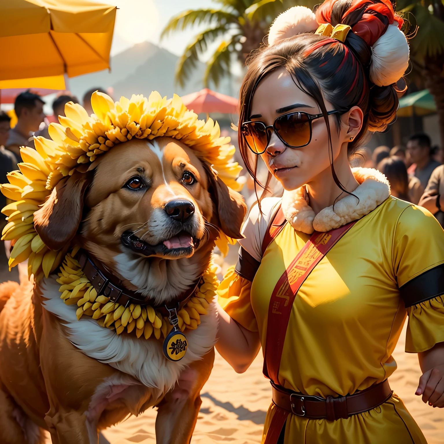 humanoid ((( dog ))) , ( rey ) , (( dog fur )) , ( Sun Wu Kong) Llevando una corona de oro, gafas de sol y ( Traje rojo monje ) , ( parrillaing bananas) , ( banana barbicue) , ( parrilla ) , ( fiesta, monjes) , playa , Palmas -- AR 1:1