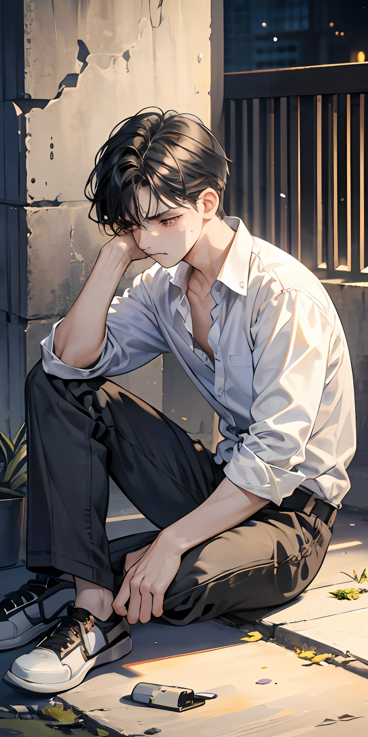 masterpiece,high quality,best quality,HD,Detailed face,detailed body,1 person,short black hair,White T-shirt,(sad expression:1.5),(The face was full of sadness:1.5),(sit on the floor:1.2),Looks engaged,stay off the street,The weather is gloomy,(It's raining lightly:1.2),(torn clothes:1.4),(Shabby clothes 1.2),dusk,golden sun,((Color temperature 9000K:1.4))