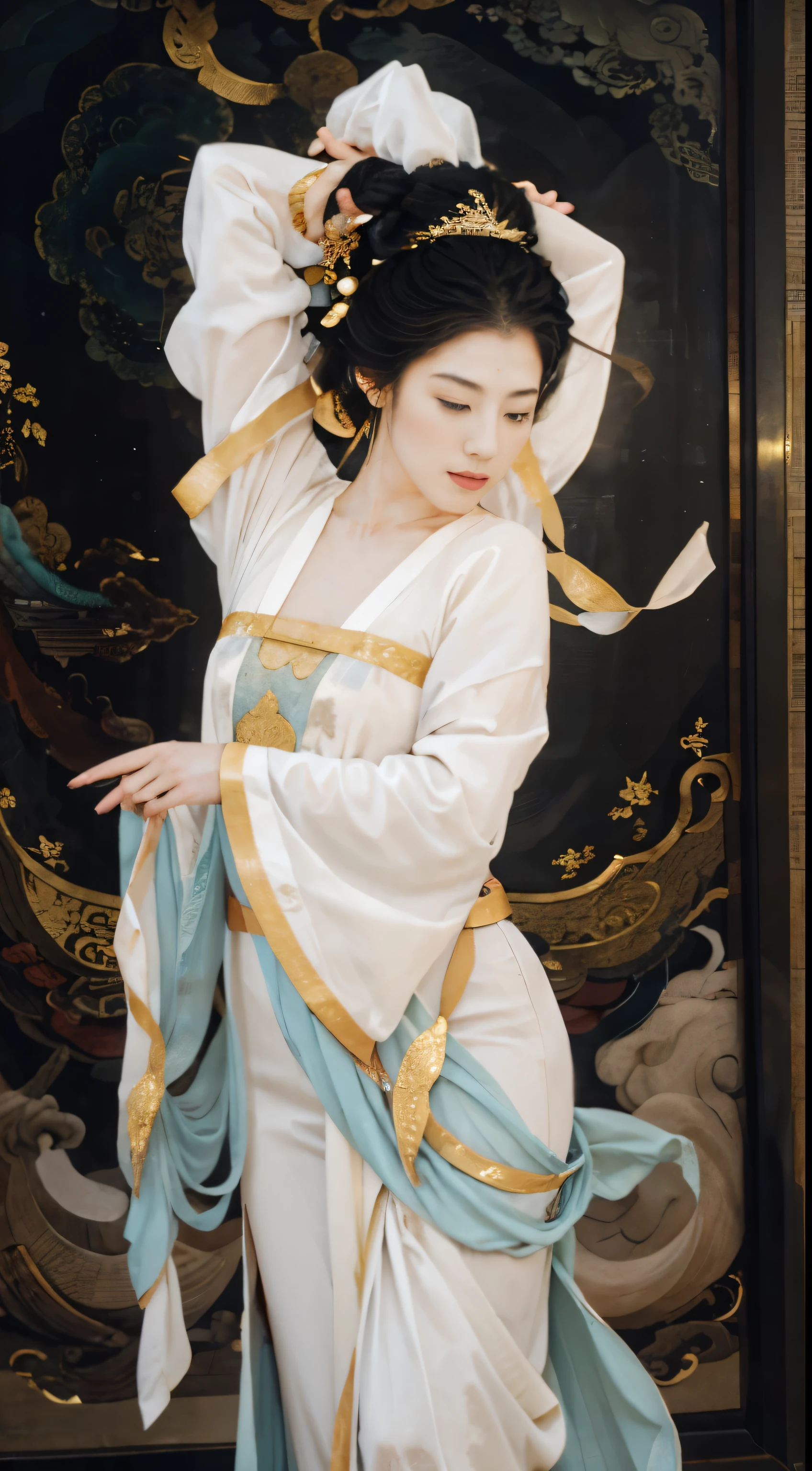 A breathtakingly beautiful dancer from ancient China gracefully moves across the stage, capturing the audience's attention with her delicate and intricate movements. The artist has skillfully depicted every detail of her performance, from the flowing lines of her costume to the subtle expression on her shy face. Her willow leaf eyebrows add to her charm and personality, bringing the character to life. The dancer's coiled hair is adorned with delicate gold leaf accessories, reflecting the light and creating an ethereal aura around her. The background is a masterpiece of watercolor technique, with flowing clouds and a crane gracefully surrounding the dancer, adding to the overall composition. The ink painting style used for this artwork is meticulous and brings out the subtle nuances of the character. The color scheme is carefully