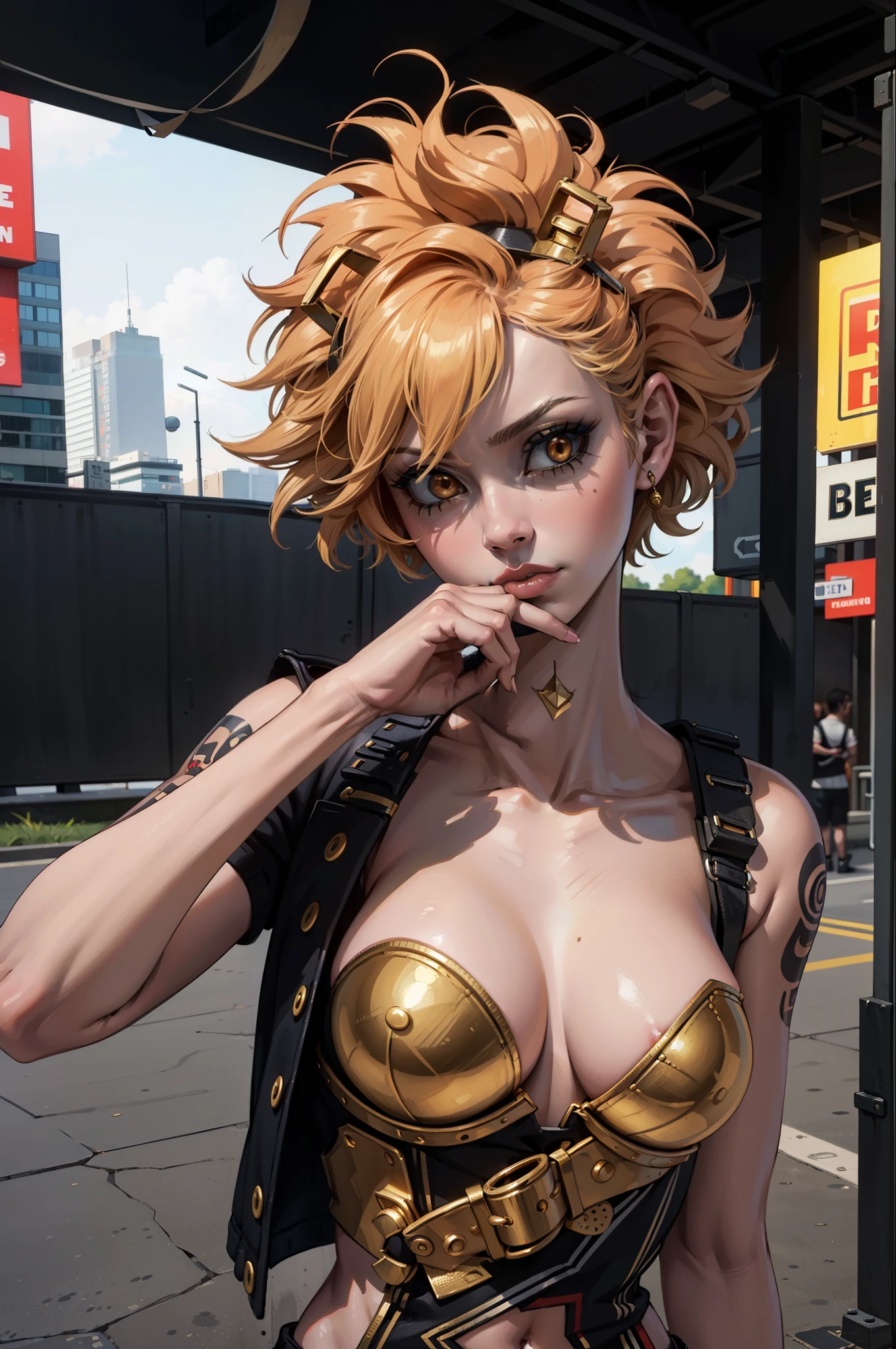 (masterpiece:1.2, best quality), (real picture, intricate details), (1lady, solo, upper body, big ) The clothes are gold ar:avant-garde,avant-garde,Experiment with appearance:curlies,Dramatic makeup,Unconventional fashion choice behavior:rebelliousness、non-conformist、Provocation location:demon eyes,urban art district、Underground music venues Hobbies:Participation in punk shows、creating mixed media art、Try different subcultural values:individuality、Realiy、Creative expression of inspiration:Punk rock music、Counterculture icons,Avant-garde art movement character traits:boldness、boldness、act outside the box。