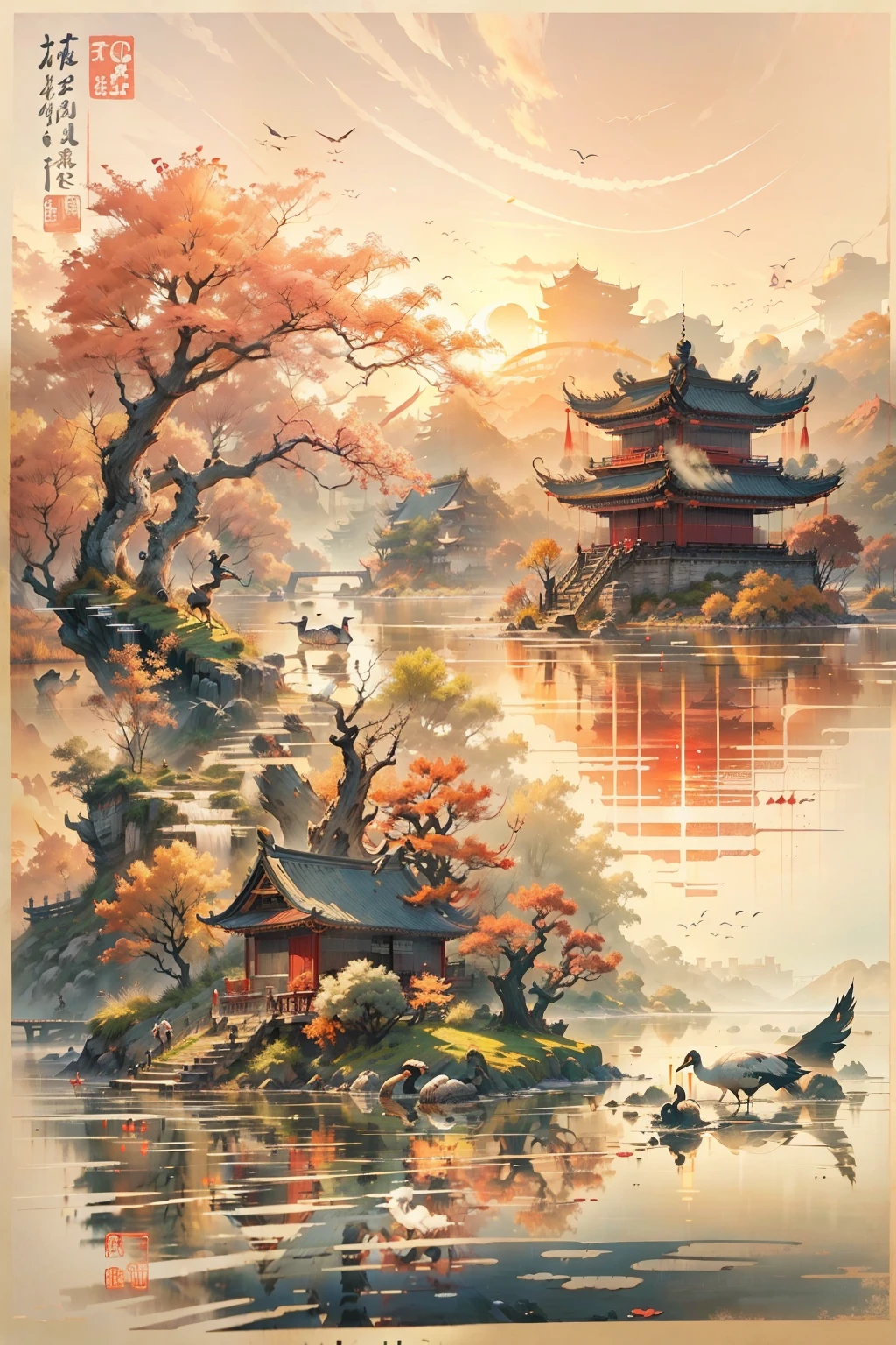 China ink painting,ink,The sunset flies with the crane,Autumn water remains unchanged for a long time,The beauty of ancient poetry,sunset,Wild geese in the distant sky,Ancient buildings are well-proportioned
