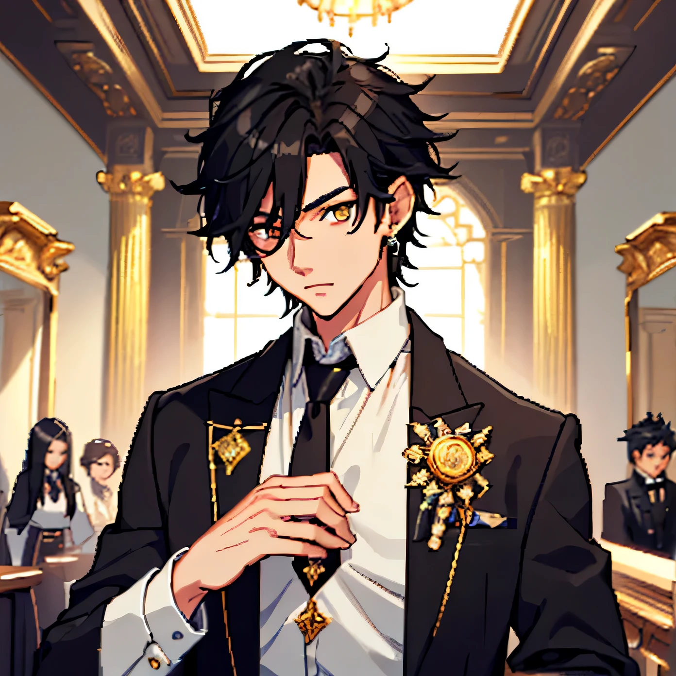 (best quality, masterpiece, ultra-detailed, extremely detailed, highres), (1boy, single, solo), 16 years old Anime boy, black hair, wolf cut korean hair, Magus, golden eyes, shining eye, diamond earrings, long black coat, necktie, white shirt, black pants, aristocrat, noble attire, cool, ethereal, elegant, prestigious, classic, royal building, natural lips, magic school, 4k, 8k, ultra detail