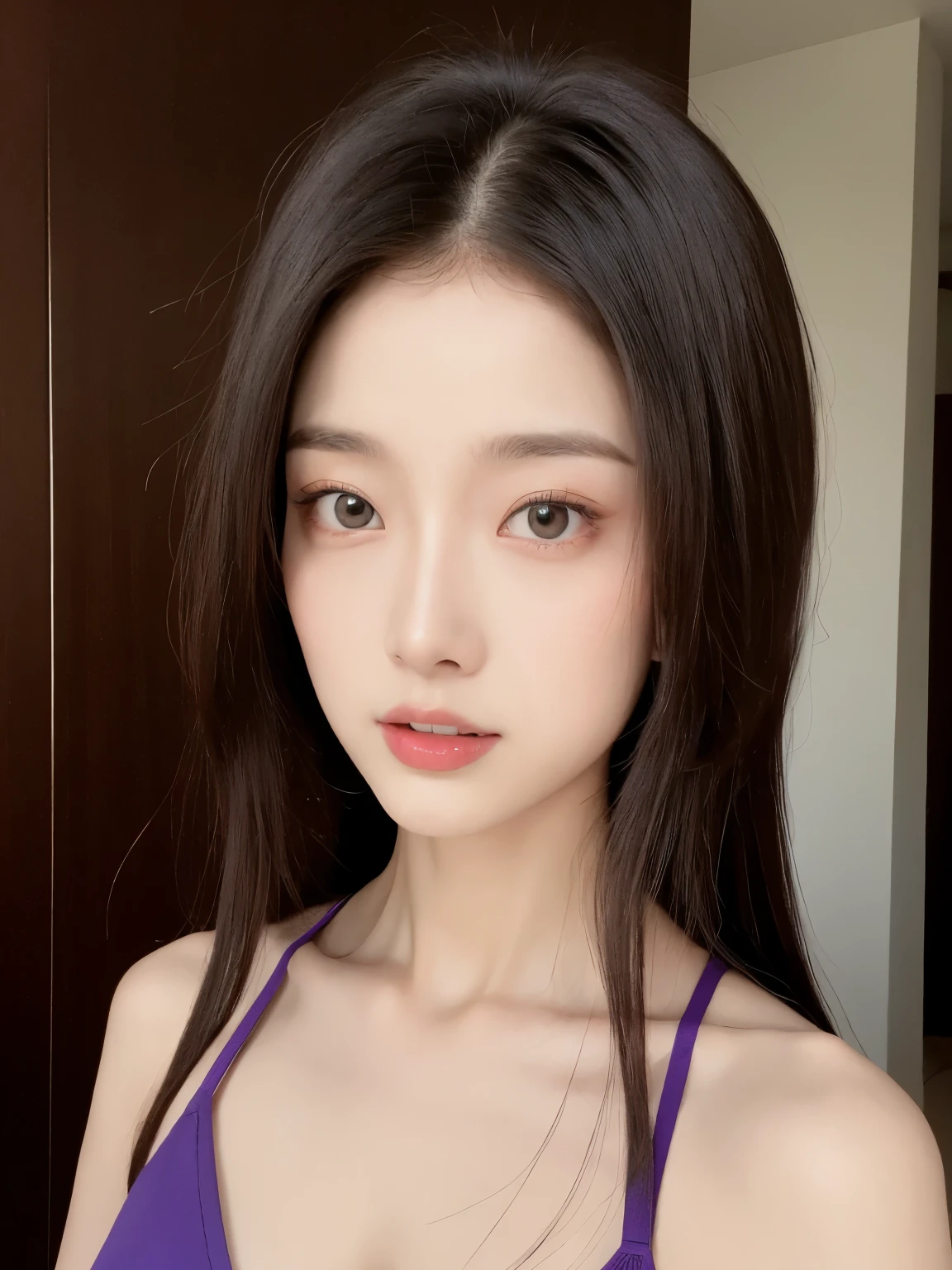 Beautiful woman with perfect body：1.4，layered hairstyle，prominent cleavage，Purple 2D costume：1.5，Highly detailed facial and skin textures，double eyelids，whiten skin，long white hair