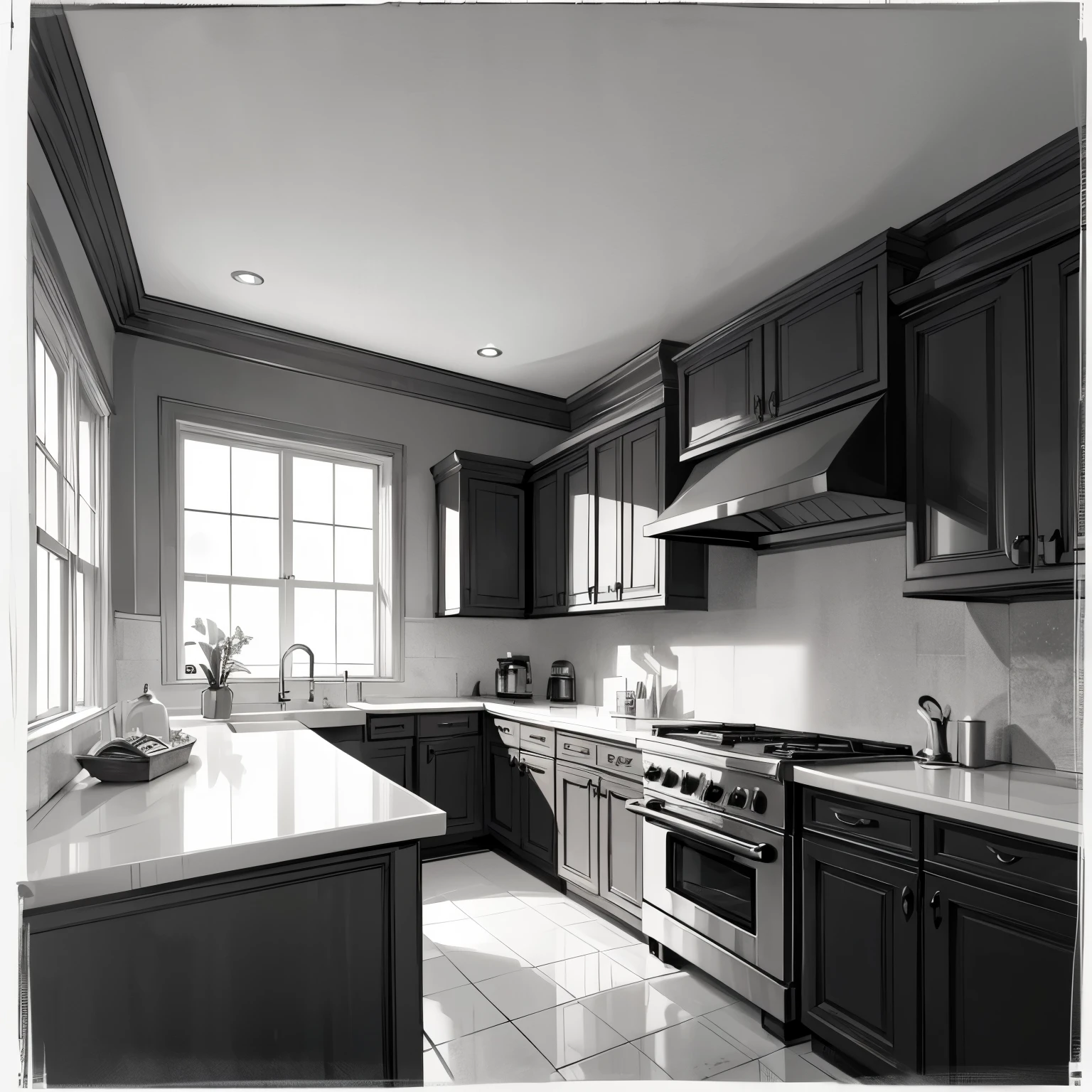 luxury kitchen, fancy kitchen, angled view, view from corner, premium decor, detailed decorations, decorative ceiling, microwave, coffee percolator, wall decorations, nautical decor, paintings, beach home, vacation home, fancy, 2 color, coloring-book-style, outline only, baw, black and white, coloring book style background, white sky, white clouds, random b&w background, Various backgrounds. Black and white only colors. No color.