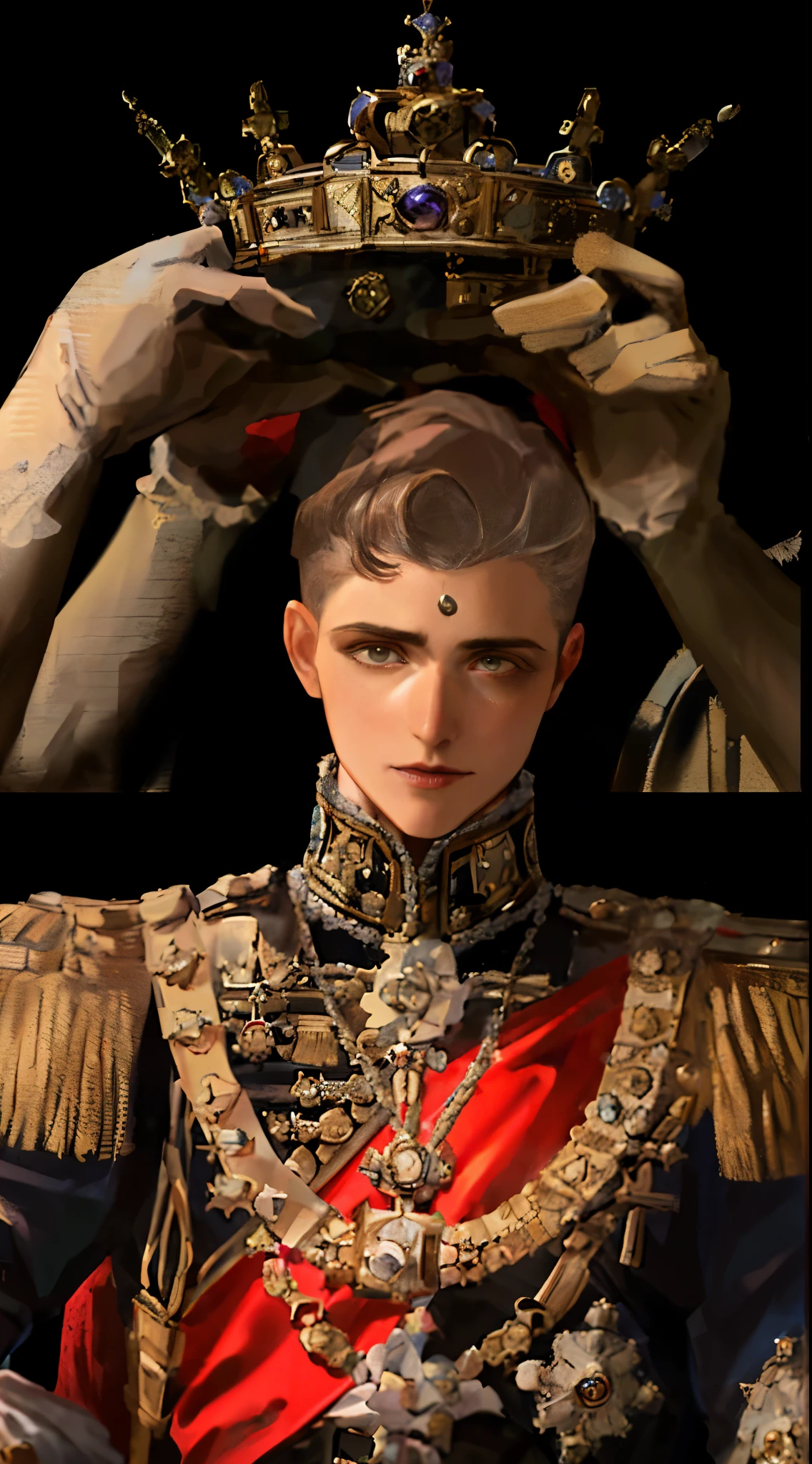 arafed image of a man in a uniform holding a crown over his head, beautiful androgynous prince, delicate androgynous prince, portrait of a victorian era duke, inspired by Prince Hoare, renaissance prince, inspired by Antonio Donghi, inspired by Jean-François de Troy, inspired by Horace Vernet, portrait of a victorian duke