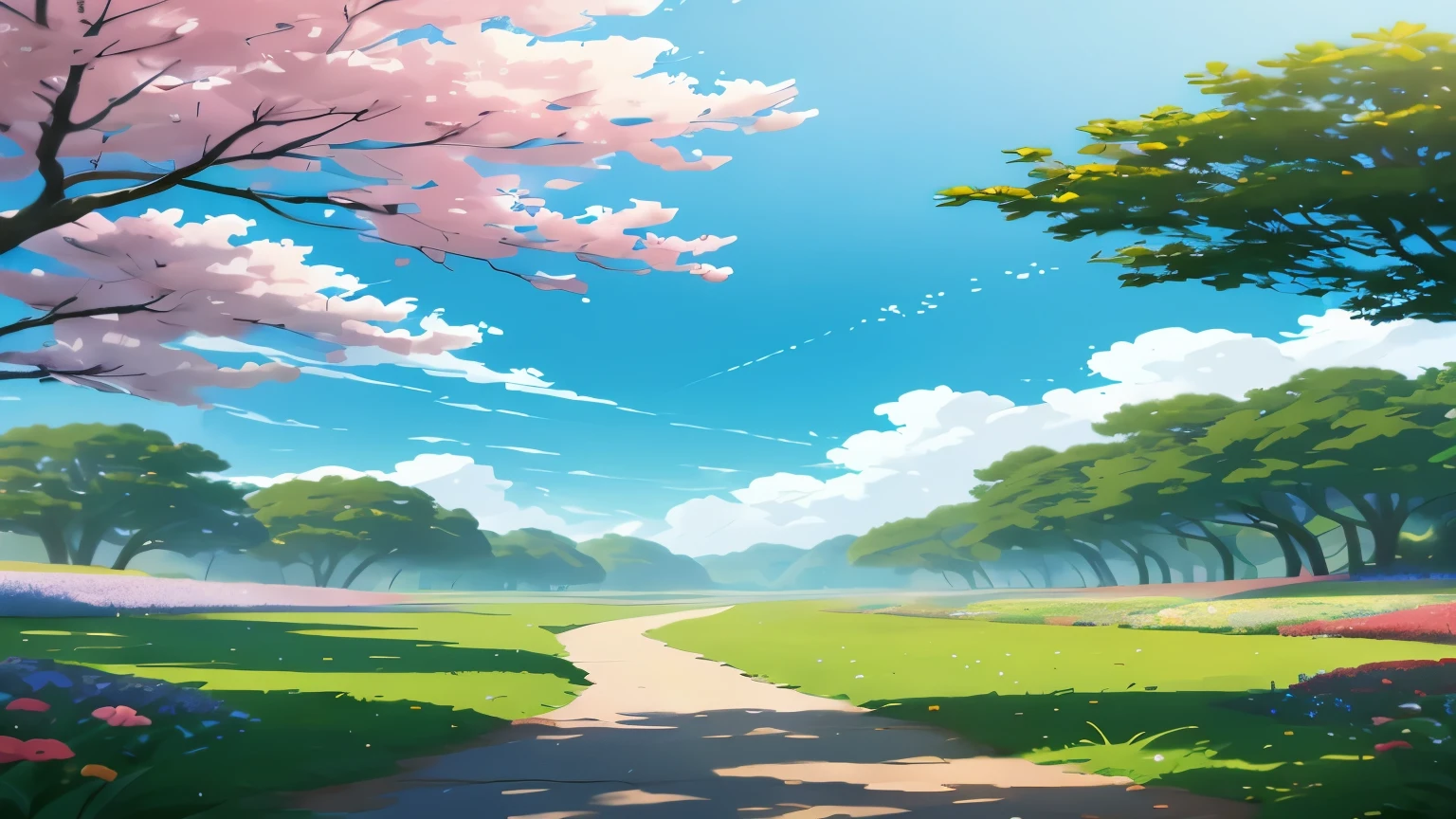 There is a path leading to a beautiful flower park, anime background art, anime rural scenery, beautiful Anime landscape, The flowery road to heaven, Anime beautiful peaceful scene, anime scenery, anime scenery wallpaper, anime nature, anime background, beautiful anime scene, Anime landscape, Anime landscape concept art, background art, beautiful landscape background, landscape artwork