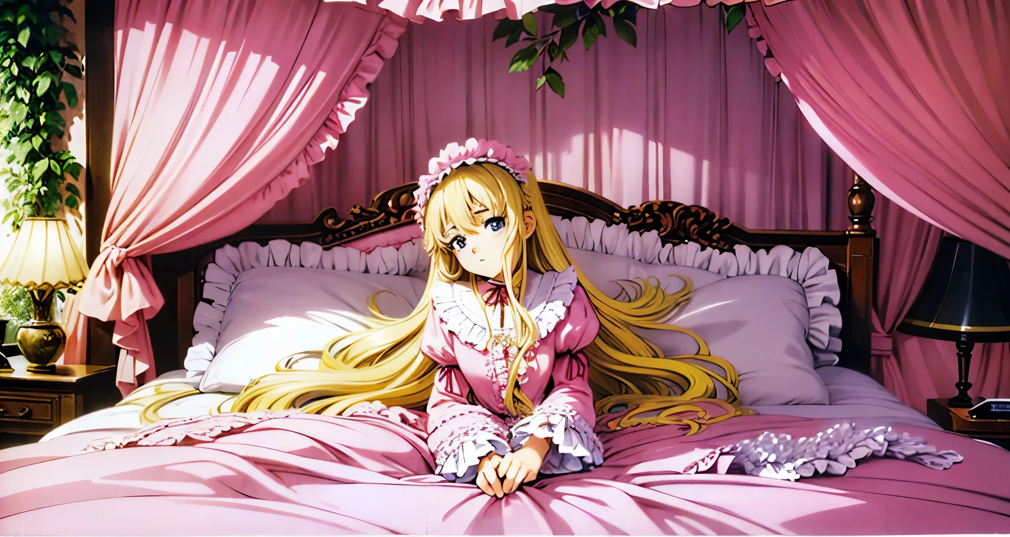 ,highest quality, masterpiece, highest resolution, artwork, super それにget used to it, many get used to it, get used to it, それにget used to it, 3K anime illustration,(( 10 year old girl)),Super detailed baby face,high quality small face,long blonde hair that grows to the waist,blue eyes,白い肌のeuropean,pajamas, european,(((super long blonde hair))),curly hair,blue eyes,((((ピンクのロリータファッションのlong skirtのワンピースドレス)))),((Pink dress with plenty of frills and ribbons)),((Luxurious headdress with frills and ribbons)),Detailed headdress,,(((big yoke collar))),Yoke collar with ruffles and ribbons,((((long sleeve)))),ruffle sleeves,((((long skirt)))),white ruffle and lace socks,large frill and ribbon pillow,(((fine pink costume))),豪華なcanopy bedの上,canopy bed,The bed is surrounded by luxurious curtains,many frilly pillows on the bed,A lot of frilly pillows behind the girl,super detailed background,detailed bed,soft pink comforter,Super detailed soft ruffle pillow,Beautiful girl illustration,detailed beautiful face,detailed hair,detailed eye ,detailed eyes,Detailed eye highlights,detailed mouth, arm details,fine hands,Detailed pillow,wide bed,Illustration on the bed, ,((((round futon)))),((((A large ruffled futon that covers the entire bed)))),detailed comforter,detailed bedシーツ,Before bedtime,romantic atmosphere,palace bedroom,((((The lower half of the body is hidden under the futon and the puffy skirt...)))) The girl is leaning on a pile of pillows, ,((((round futon)))),((((A large futon with frills that covers the entire bed)))),