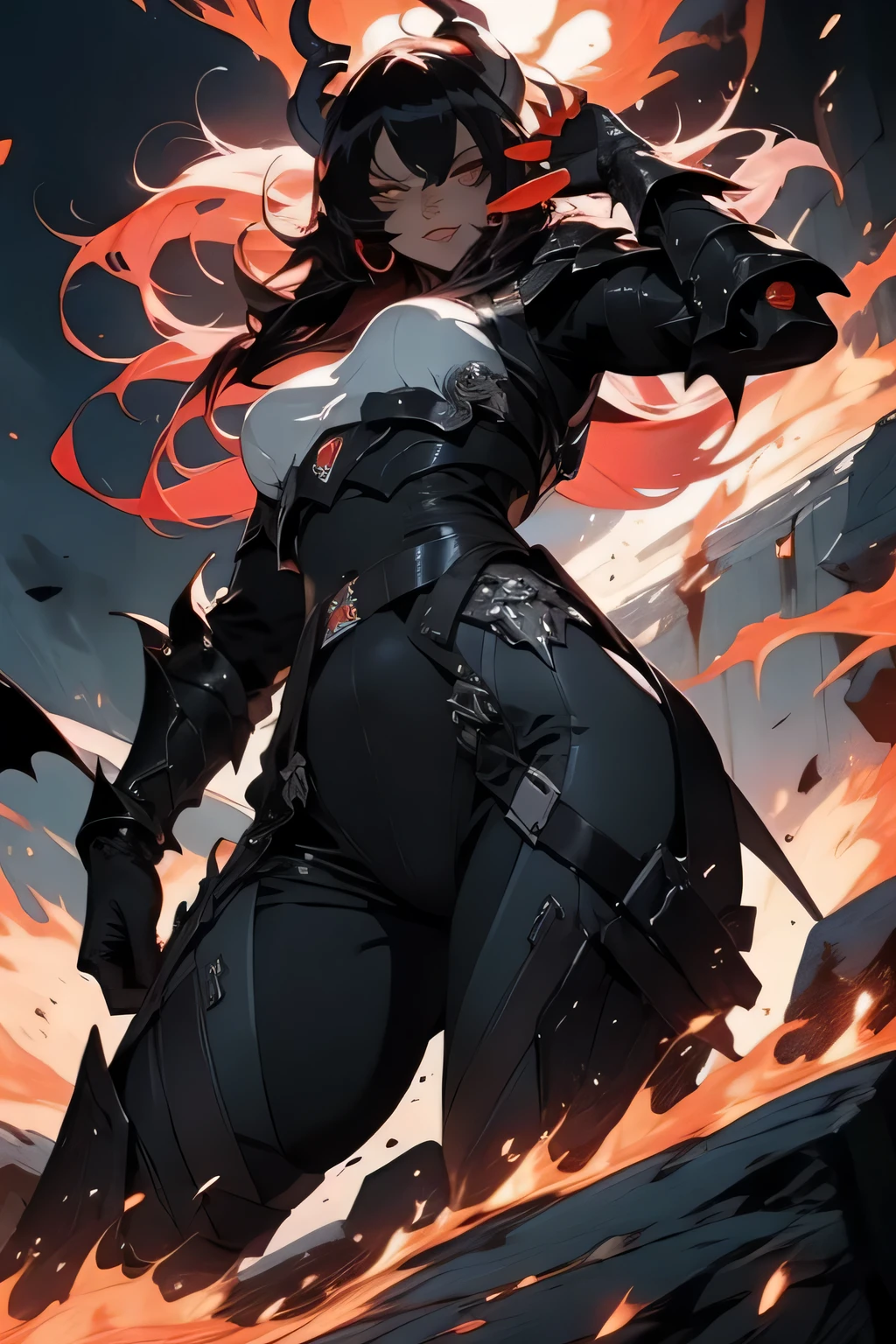 ((masterpiece)), highest quality, ultra detail reich, amazing details, dark hell, Demon queen wearing heavy armor, dynamic pose, dynamic angle, High resolution, dark atmosphere.Fire and lightning background