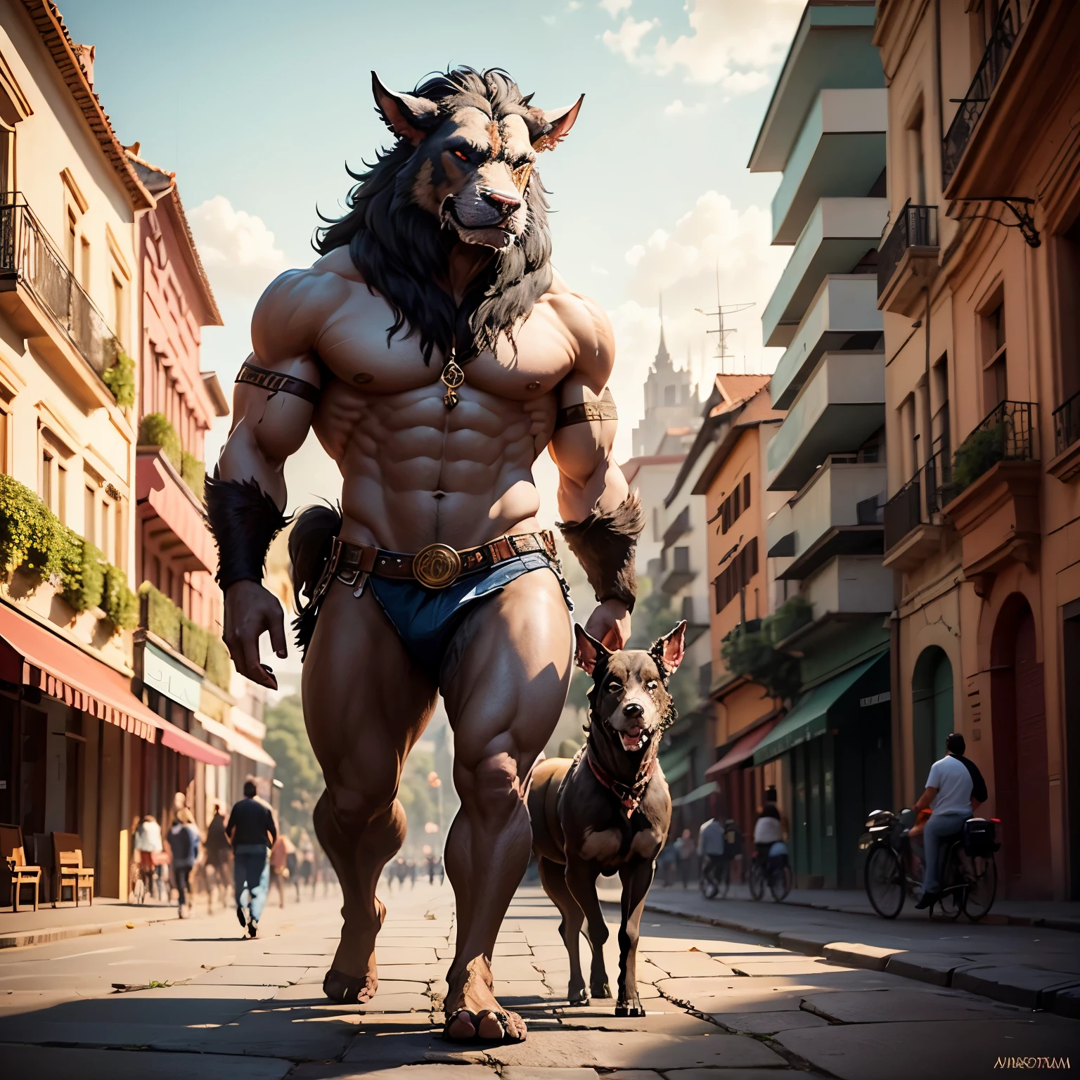 Image with a huge text "LOS PERROS FALDEROS" Craft a highly realistic scene set in a park in Bogotá, Colombia, where a very tall person, symbolizing a sense of protection and companionship, is walking a group of unique Minotaur with human-like faces. These Minotaurs showcasing diverse human expressions, are directly engaging with the camera. They vary in breed and size, embodying both intelligence and curiosity. The backdrop prominently features the distinctive architecture and urban landscape of Bogotá, with its characteristic buildings, Andean mountains in the distance, and lush local vegetation. The scene is bathed in the soft light of late afternoon, creating a serene atmosphere that beautifully merges the everyday urban scene with the fantastical elements of the Minotaurs