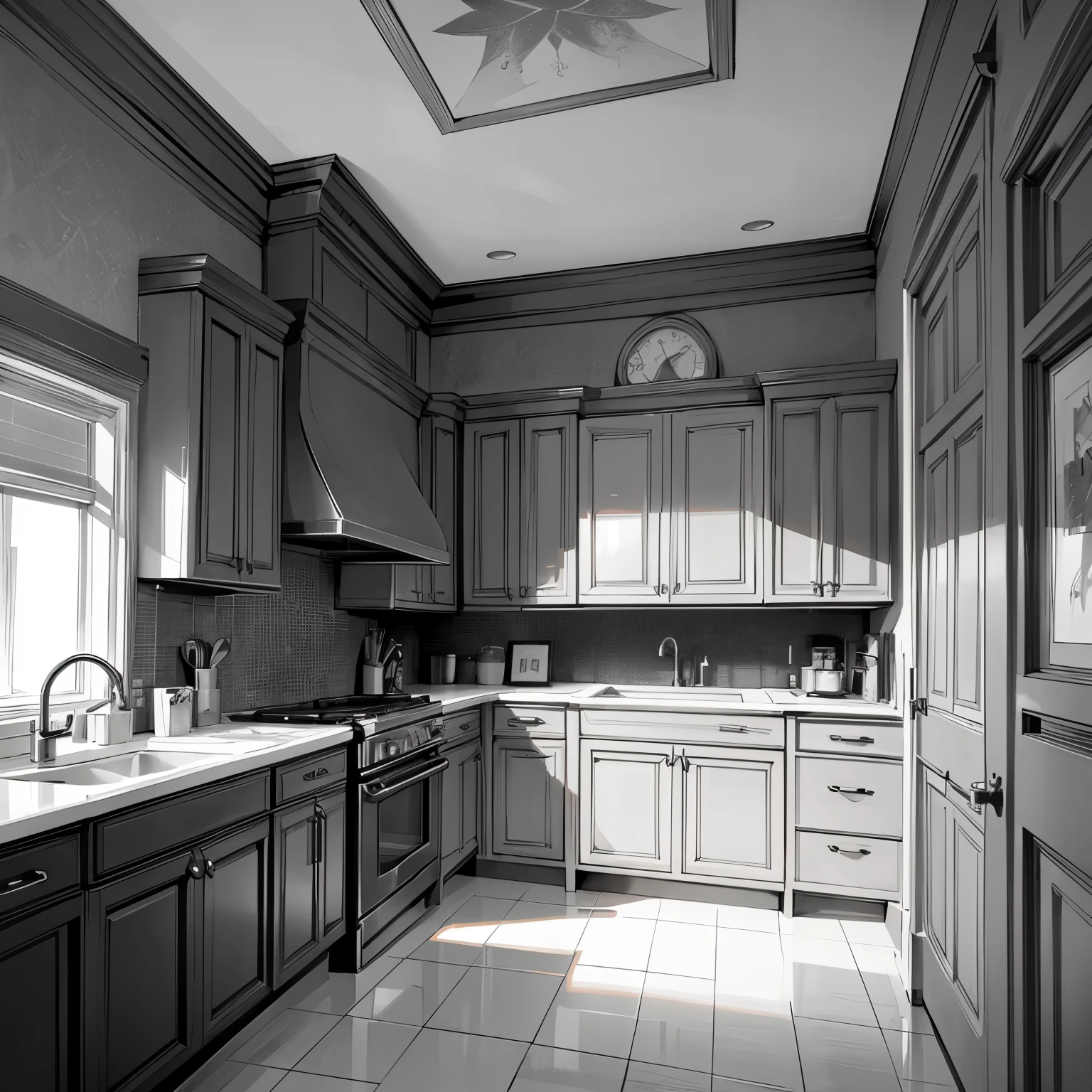luxury kitchen, fancy kitchen, angled view, view from corner, premium decor, detailed decorations, decorative ceiling, microwave, coffee percolator, wall decorations, nautical decor, paintings, beach home, vacation home, fancy, 2 color, coloring-book-style, outline only, baw, black and white, coloring book style background, white sky, white clouds, random b&w background, Various backgrounds. Black and white only colors. No color.