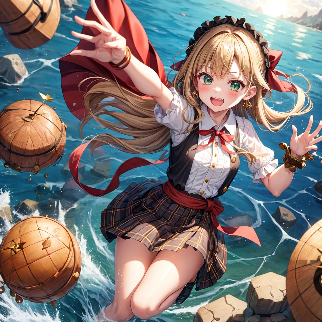reddish-brown blonde、green eyes、one good looking girl、solo、anime、plaid mini skirt、the skirt has buttons、camisole、black t-shirt、dress、wearing a ribbon、ribbon at waist、cloak、hood、clouds are swirling、stone slabs are piled up、one hand raised、crystal earrings、sun、gold coins are falling、teeth are visible、splash of water、monster castle、have a world map、bow、Swing、ceiling、frying pan、graffiti、scarecrow、heart