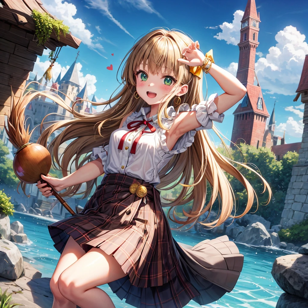 reddish-brown blonde、green eyes、one good looking girl、solo、anime、plaid mini skirt、the skirt has buttons、camisole、black t-shirt、dress、wearing a ribbon、ribbon at waist、cloak、hood、clouds are swirling、stone slabs are piled up、one hand raised、crystal earrings、sun、gold coins are falling、teeth are visible、splash of water、monster castle、have a world map、bow、Swing、ceiling、frying pan、graffiti、scarecrow、heart