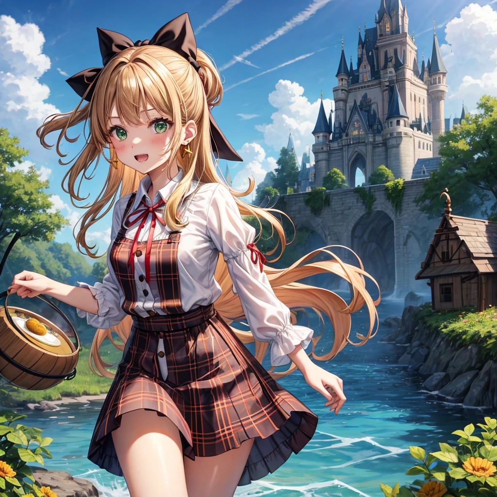 reddish-brown blonde、green eyes、one good looking girl、solo、anime、plaid mini skirt、the skirt has buttons、camisole、black t-shirt、dress、wearing a ribbon、ribbon at waist、cloak、hood、clouds are swirling、stone slabs are piled up、one hand raised、crystal earrings、sun、gold coins are falling、teeth are visible、splash of water、monster castle、have a world map、bow、Swing、ceiling、frying pan、graffiti、scarecrow、heart