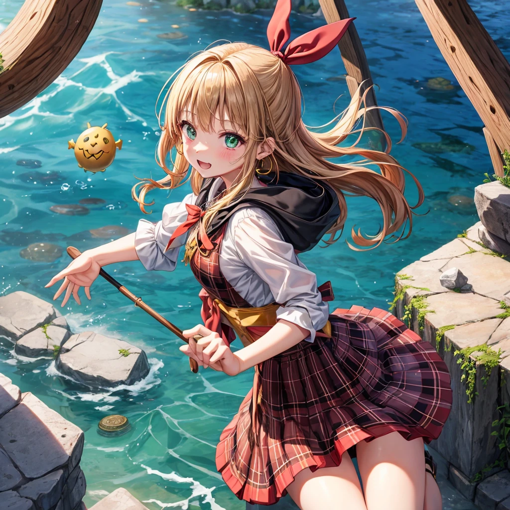 reddish-brown blonde、green eyes、one good looking girl、solo、anime、plaid mini skirt、the skirt has buttons、camisole、black t-shirt、dress、wearing a ribbon、ribbon at waist、cloak、hood、clouds are swirling、stone slabs are piled up、one hand raised、crystal earrings、sun、gold coins are falling、teeth are visible、splash of water、monster castle、have a world map、bow、Swing、ceiling、frying pan、graffiti、scarecrow、heart