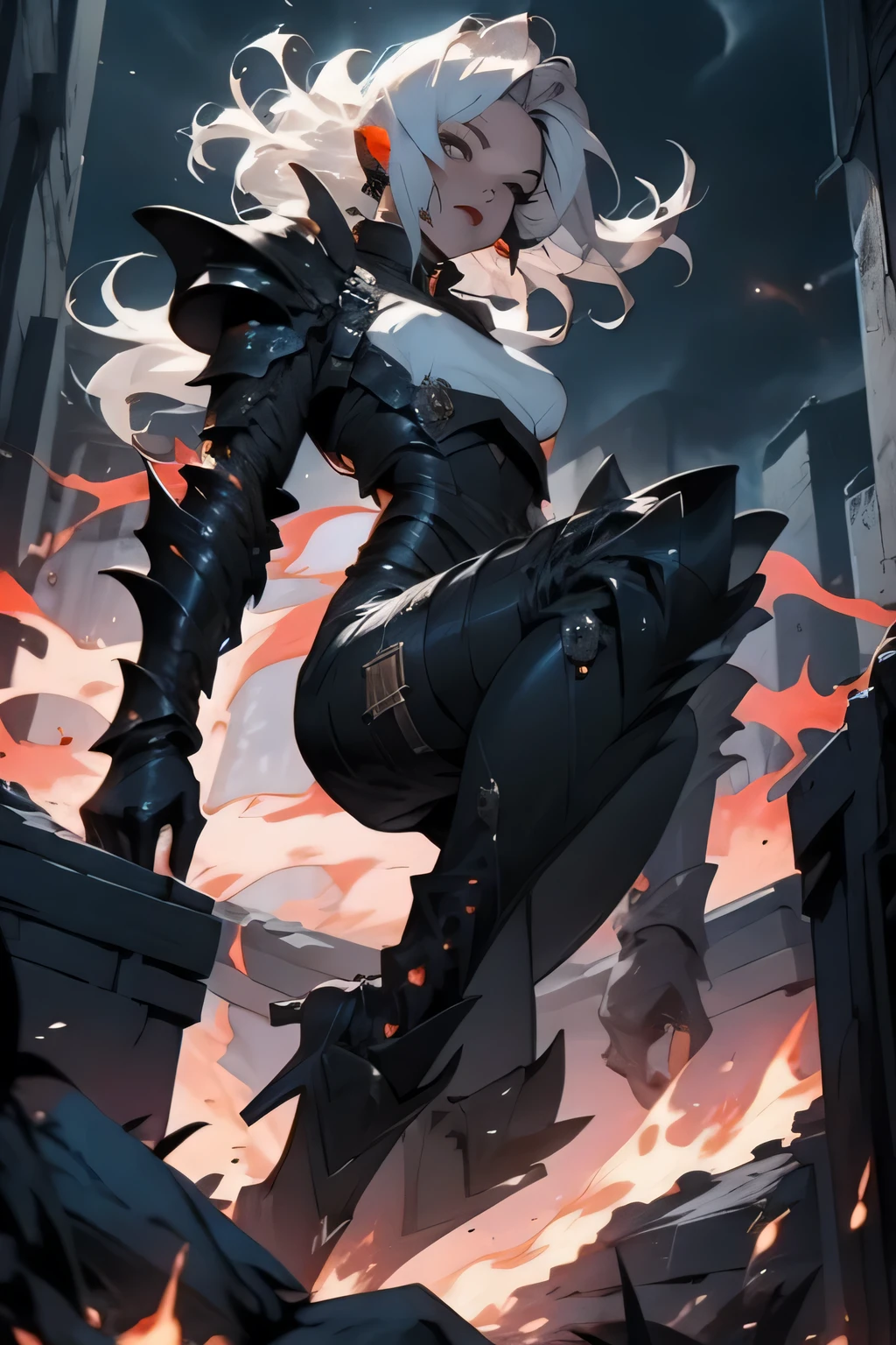 ((masterpiece)), highest quality, ultra detail reich, amazing details, dark hell, Demon queen wearing heavy armor, dynamic pose, dynamic angle, High resolution, dark atmosphere.Fire and lightning background