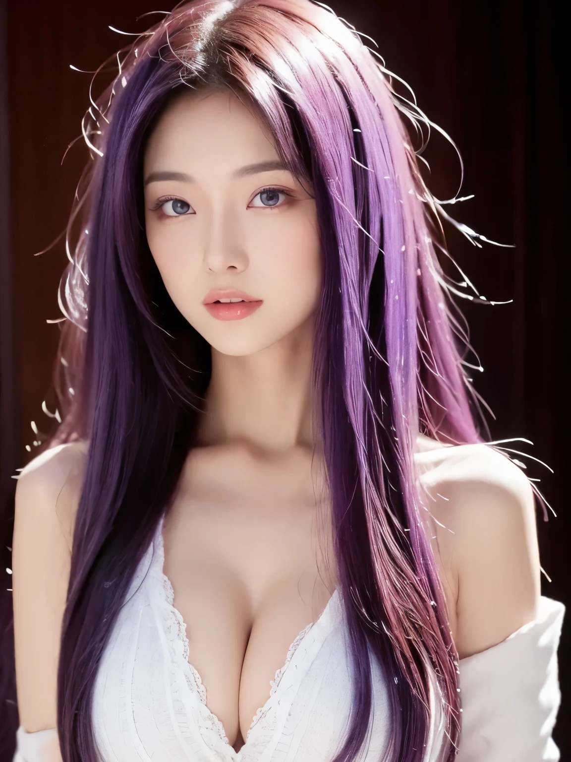 Beautiful woman with perfect body：1.4，layered hairstyle，prominent cleavage，F milk，big breasts，Purple 2D costume：1.5，Highly detailed facial and skin textures，double eyelids，whiten skin，long white hair，full-body shot，sexy