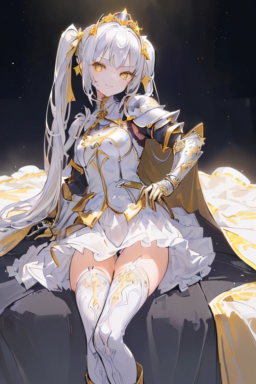 (((((1girl))))), ((best quality)), ((masterpiece)), ((ultra-detailed)), (illustration), (detailed light), (an extremely delicate and beautiful), (beautiful detailed eyes), (sunlight), ((extremely light)), ((extremely clothes)), (((hyper detail))),(((((front lighting))))),(((((front light))))),
((((quite adorable metal Armor with a brief skirt and tiara and Robe)))),
(((Grand Master Knight))),
(((high twin pig tails))), ((((white sliver hair)))),
(((yellow gold eyes))),
((((whole body)))), aged 5 to 8, ((((very adorable young girl)))), ((condescending expression)), ((mischievous smile with sexual satisfaction)), (((extra adorable))), (((((extra slender shape))))), (((((extremely beautiful detailed face))))),
(((dynamically attacking enemies with a western-sword))),
(((elegant magic boots))), (Dutch angle), (((elegant magic gloves))), ((transparent magical underskirt)), (a little bit exposed adorable magical panties)