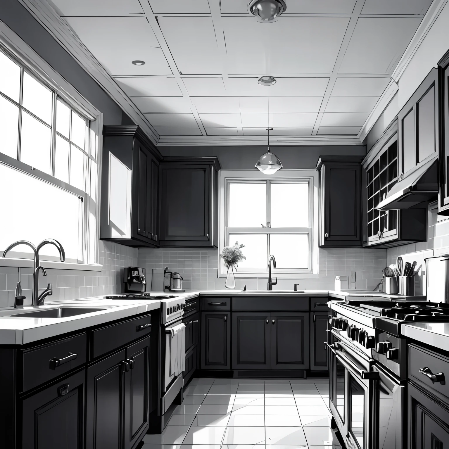 luxury kitchen, fancy kitchen, angled view, view from corner, premium decor, detailed decorations, decorative ceiling, microwave, coffee percolator, wall decorations, nautical decor, paintings, beach home, vacation home, fancy, 2 color, coloring-book-style, outline only, baw, black and white, coloring book style background, white sky, white clouds, random b&w background, Various backgrounds. Black and white only colors. No color.