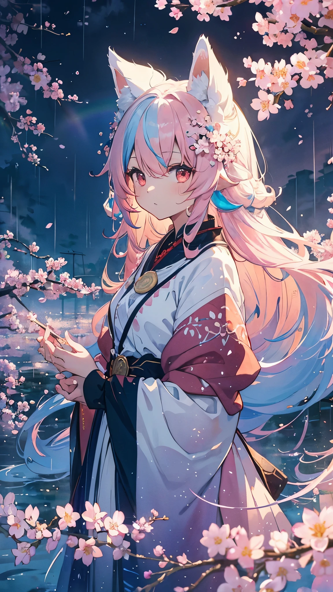 Fox ears, Fox tails, ( masterpiece、top-quality、top-quality、watercolor paiting(Curly)、Official art、Beautifully Aesthetic:1.2)、(1girl in:1.3)、(Fractal Art:1.3)、patterns、(rainbow-colored hair、colourful hair、Half blue and half light pink hair:1.2)、Eau、liquids、 clouds、starrysky、stele、((Rain)),(((cherryblossom))),
1girll, solo， Red Eyes，white haired god，Long whit hair，head gear，Best Shadow, shallowdepthoffield, stunningly beautiful girl, , Delicate, beautiful attractive face, masutepiece, Best Quality,Sprinkle with artistic 