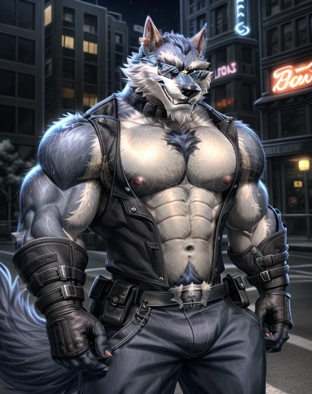 Freddy(Dislyte),werewolf,male,uncle,adult,alone,4K,best quality,looking at the audience,blue fur,hairy body,furry tail,Hairy chest,chest muscles,pink nipples,Six-pack abs,biceps,anatomically correct,Delicate fur,pride,soft shadow,majestic ,High quality eyes,green eyes,black pupils,Sharp eyes,Grandiose,brave,Black sleeveless vest,black collar,Wearing sunglasses,blue jeans,black belt,Black combat boots,Confident smile,Strong,mature,night,street,City,no audience