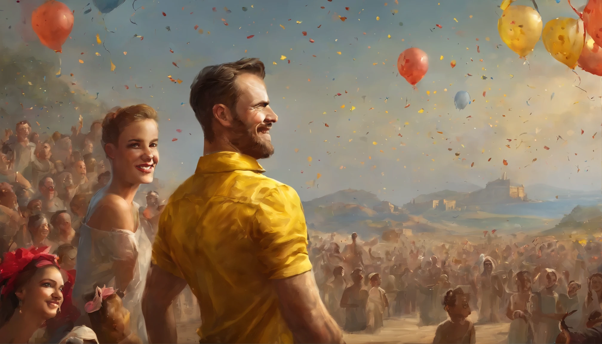 watercolor painting of portrait of A european man in a yellow shirt and red bow tie stands surrounded by many children who are all clapping. The man is the center of attention. Theatrical spotlights shine on the man. Confetti falls from the mountain., hyper detailed, digital art, trending in artstation, cinematic lighting, studio quality, smooth render, fluorescent skin, unreal engine 5 rendered, octane rendered, art style by klimt and nixeu and ian sprigger and wlop and krenz Beksinski painting, trending on artstation, sharp focus, illustration, style of Stanley Artgerm, perfect smile vogue, awards, model,
