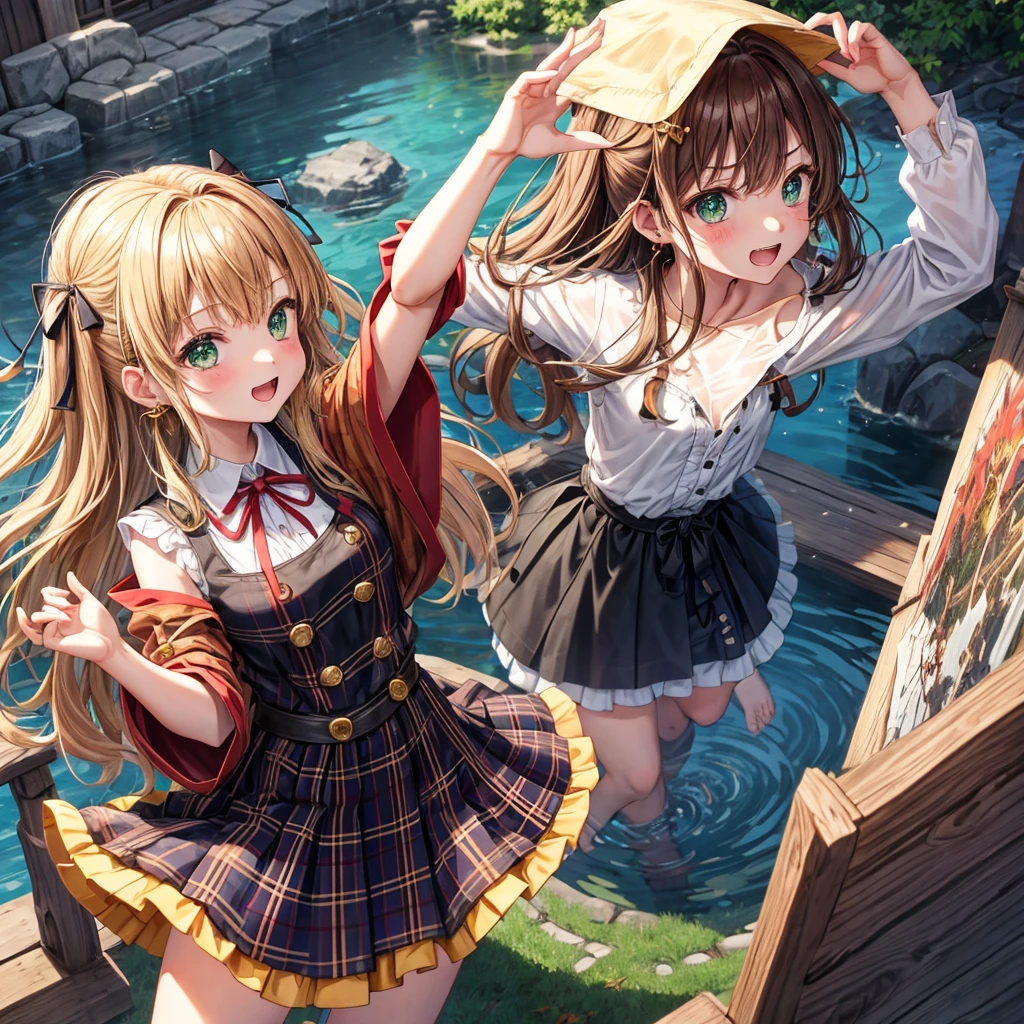 reddish-brown blonde、green eyes、one good looking girl、solo、anime、plaid mini skirt、the skirt has buttons、camisole、black t-shirt、dress、wearing a ribbon、ribbon at waist、cloak、hood、clouds are swirling、stone slabs are piled up、one hand raised、crystal earrings、sun、gold coins are falling、teeth are visible、splash of water、monster castle、have a world map、bow、Swing、ceiling、frying pan、graffiti、scarecrow、heart