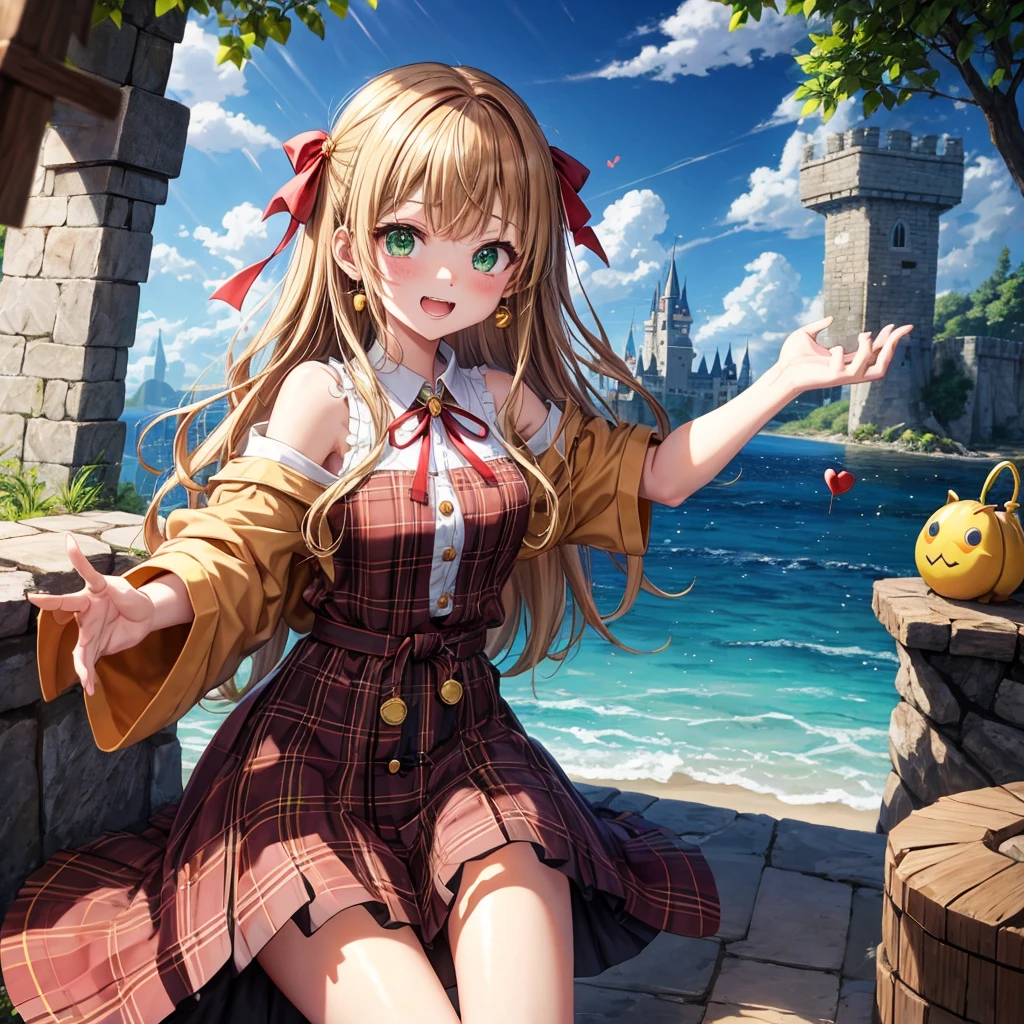 reddish-brown blonde、green eyes、one good looking girl、solo、anime、plaid mini skirt、the skirt has buttons、camisole、black t-shirt、dress、wearing a ribbon、ribbon at waist、cloak、hood、clouds are swirling、stone slabs are piled up、one hand raised、crystal earrings、sun、gold coins are falling、teeth are visible、splash of water、monster castle、have a world map、bow、Swing、ceiling、frying pan、graffiti、scarecrow、heart