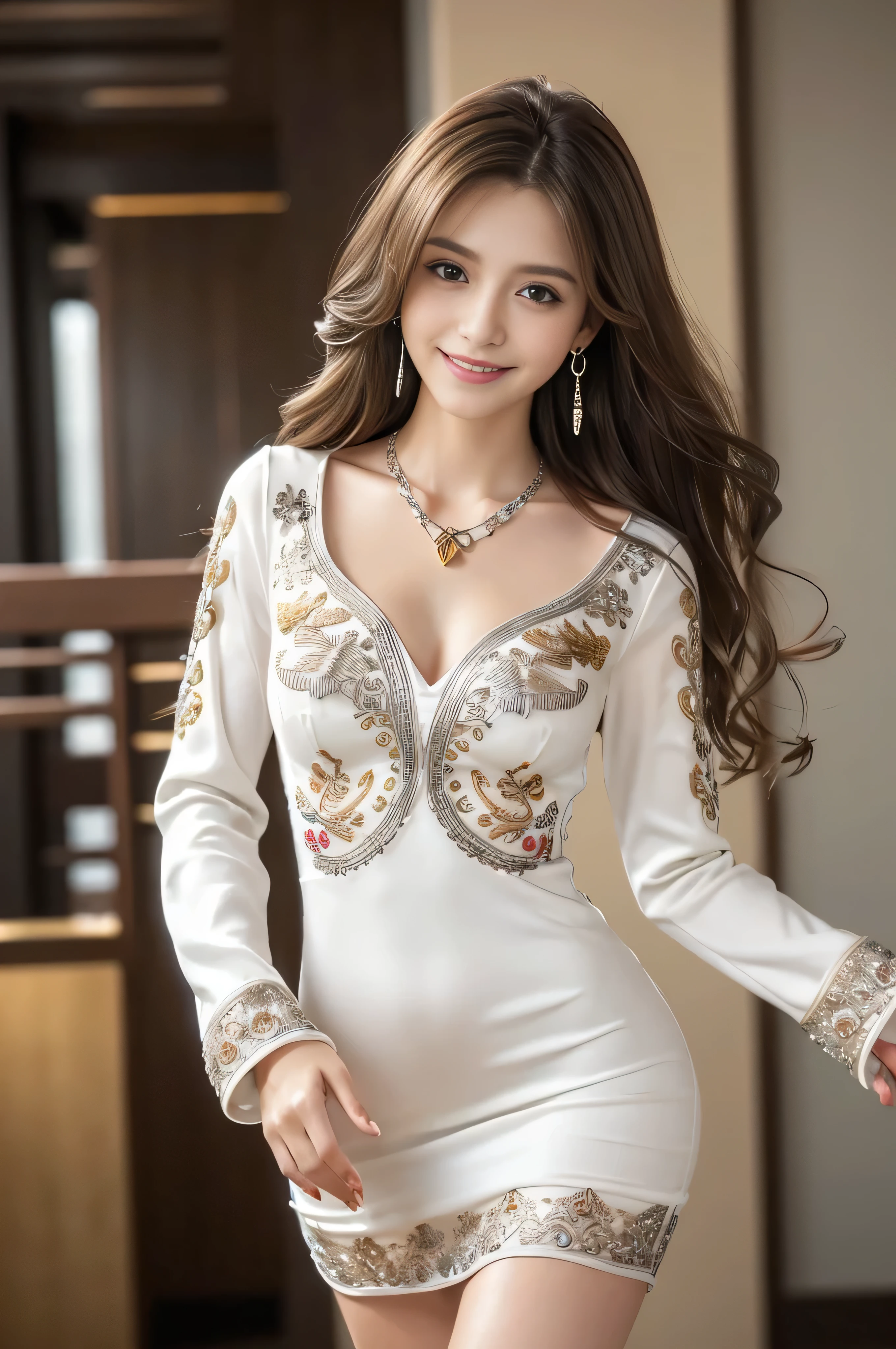 masutepiece, Best Quality, Photorealistic, Ultra-detailed, finely detail, High resolution, 8K Wallpaper, 1 beautiful woman,, light brown messy hair, in a business suit, sharp focus, Perfect dynamic composition, Beautiful detailed eyes, detailed hairs, Detailed realistic skin texture, Smiling, Close-up portrait, Model body type、((Super long brown hair:1.2))、((Hair with loose waves inside:1.2)),((shy smile:1.3)),((gold necklace_Large earrings:1.2)),full body shot、(((full figure supermodel standing, full body shot, entire body in frame))),((((Flowing white mini dress decorated with intricate silver embroidery_long sleeve_Thin:1.3)))),((With a smile_running towards here_Long hair fluttering:1.3))((full body shot:1.3))、((full body shot:1.3))