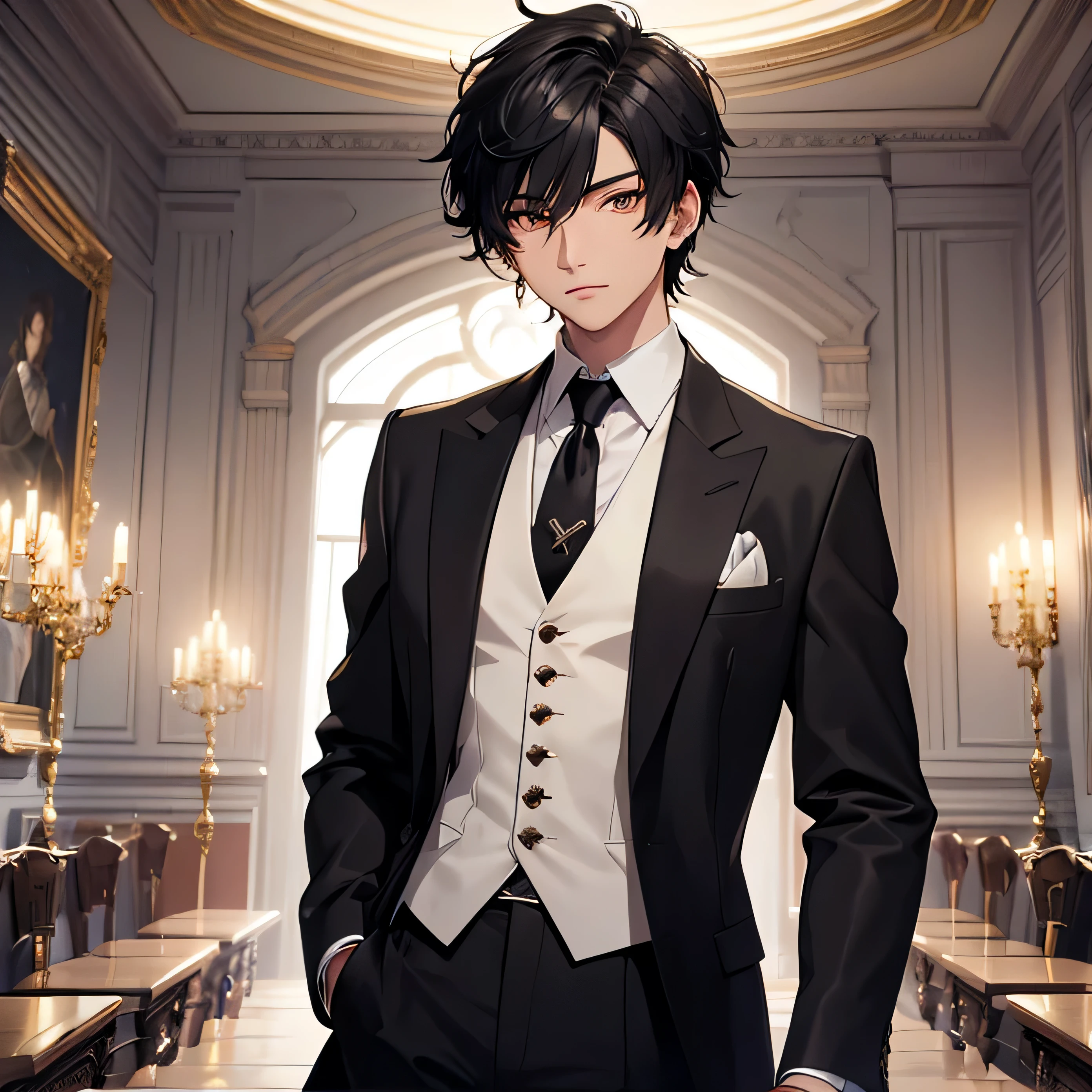 (best quality, masterpiece, ultra-detailed, extremely detailed, highres), (1boy, single, solo),  Anime boy, black hair, wolf cut korean hair, Magus, golden eyes, shining eye, diamond earrings, long black coat, necktie, white shirt, black pants, aristocrat, noble attire, cool, ethereal, elegant, prestigious, classic, royal building, natural lips, magic school, ultra detail