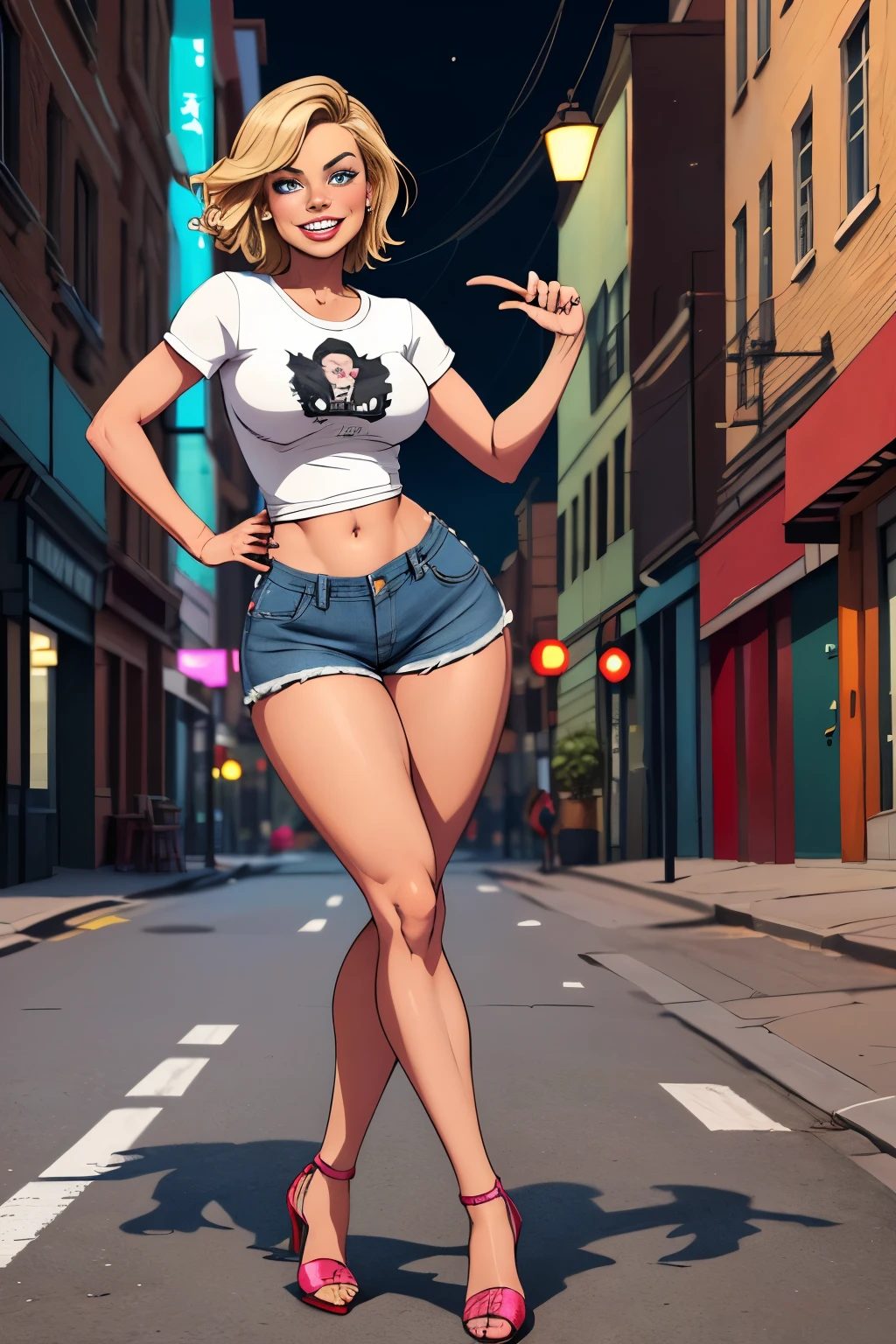 (cartoon style:1.2),  drawing ([Margot Robbie]), beautiful woman 40 years old, Big smile, Perfect eyes, detailed face, party background, cheerful pose, flirty look, big hips,Short blond hair,short denim shorts,dark t-shirt,full body,in heels,Standing on the street,stands with his back to the viewer,turning his head towards the viewer