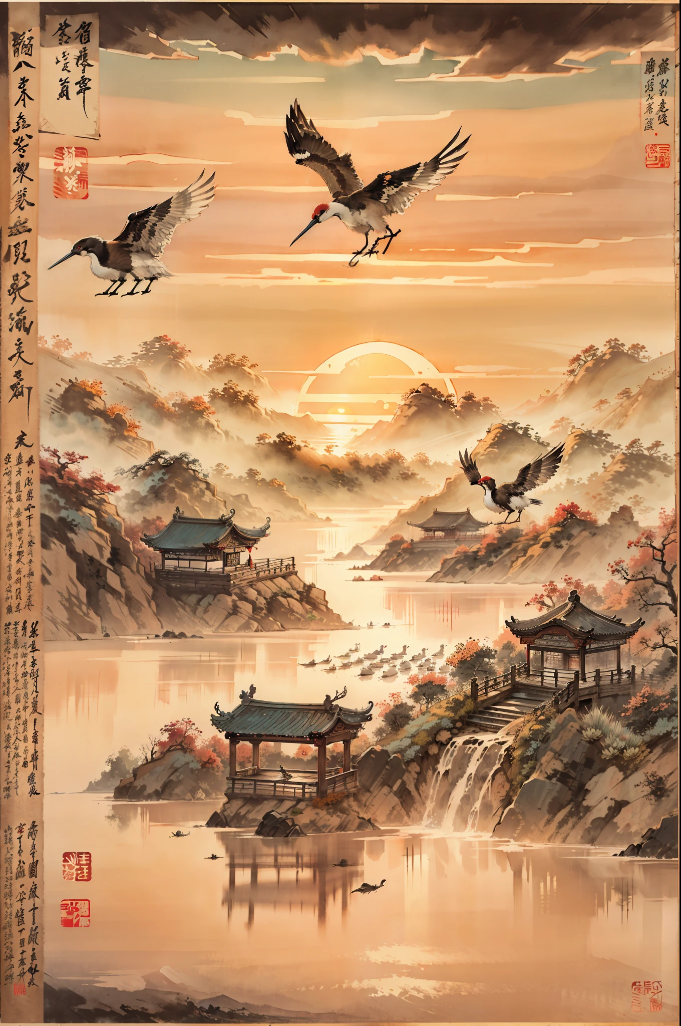 China,ink,The sunset flies with the crane,lake water,The beauty of ancient poetry,sunset,Wild geese in the distant sky,Ancient buildings are well-proportioned,Exquisite work
