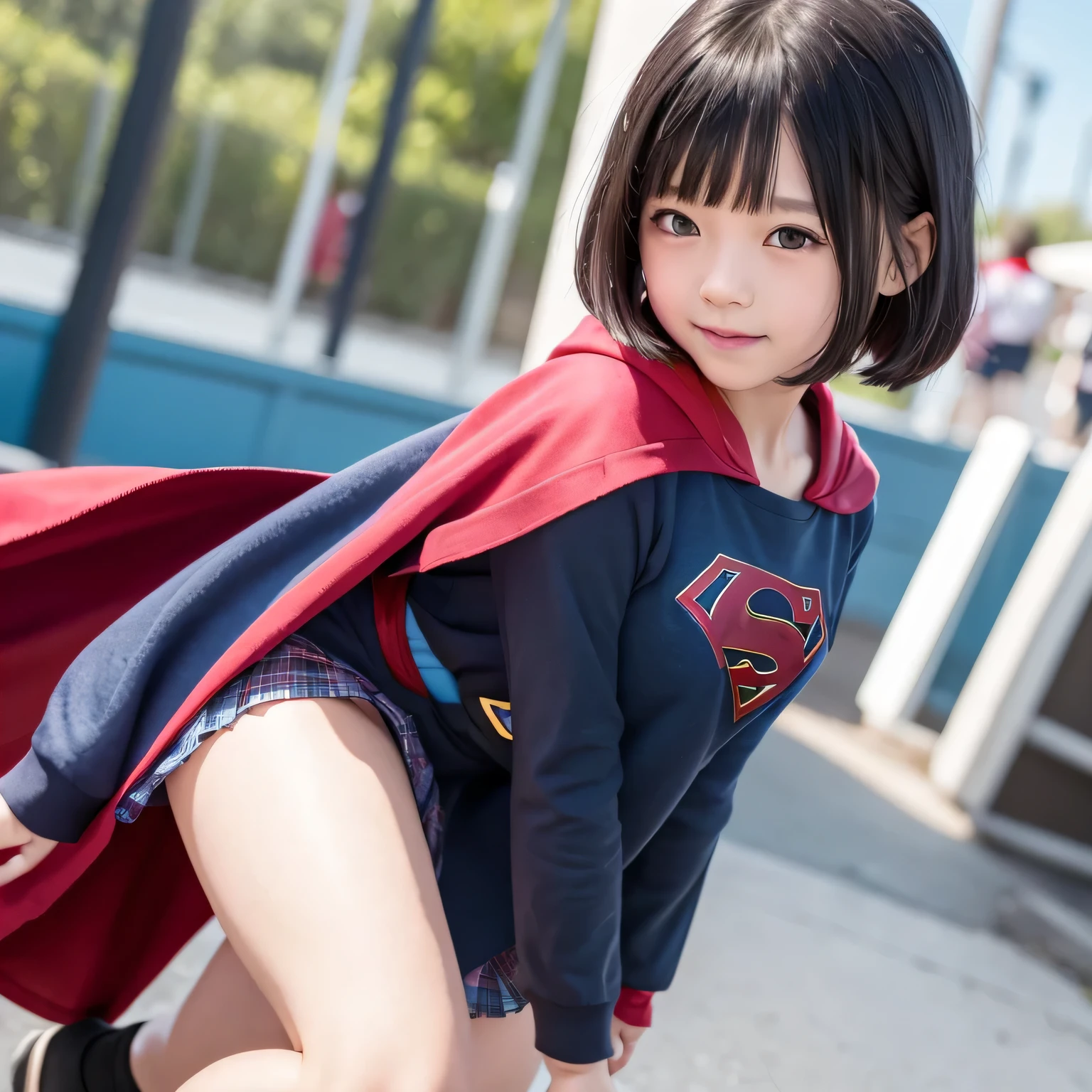 A very elementary school student is wearing Supergirl clothes..、masterpiece、highest quality、Spreading black hair、bob cut with trimmed ends、(flat chest)、con、red cloak、short sleeve、many pink hearts、amusement park background、(whole body)、smile、please open your knees