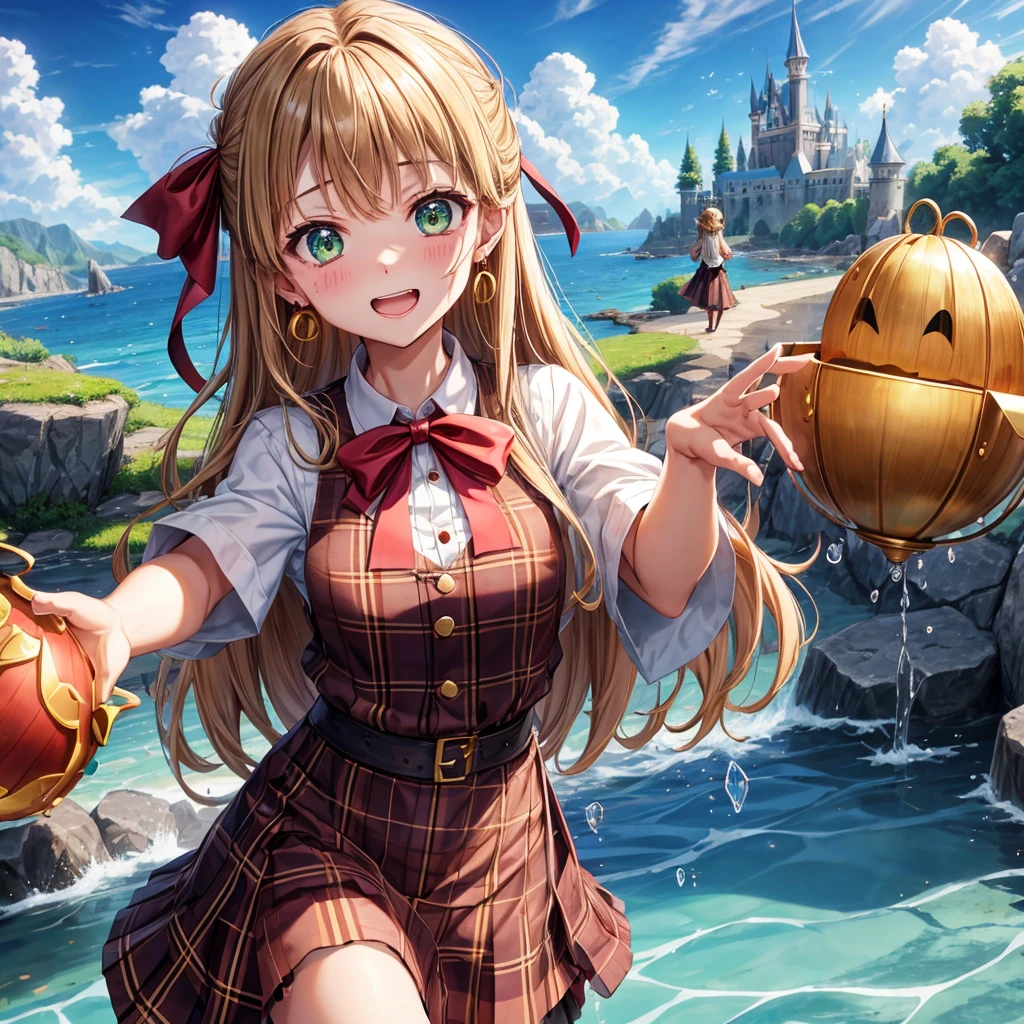 reddish-brown blonde、green eyes、one good looking girl、solo、anime、plaid mini skirt、the skirt has buttons、camisole、black t-shirt、dress、wearing a ribbon、ribbon at waist、cloak、hood、clouds are swirling、stone slabs are piled up、one hand raised、crystal earrings、sun、gold coins are falling、teeth are visible、splash of water、monster castle、have a world map、bow、Swing、ceiling、frying pan、graffiti、scarecrow、heart