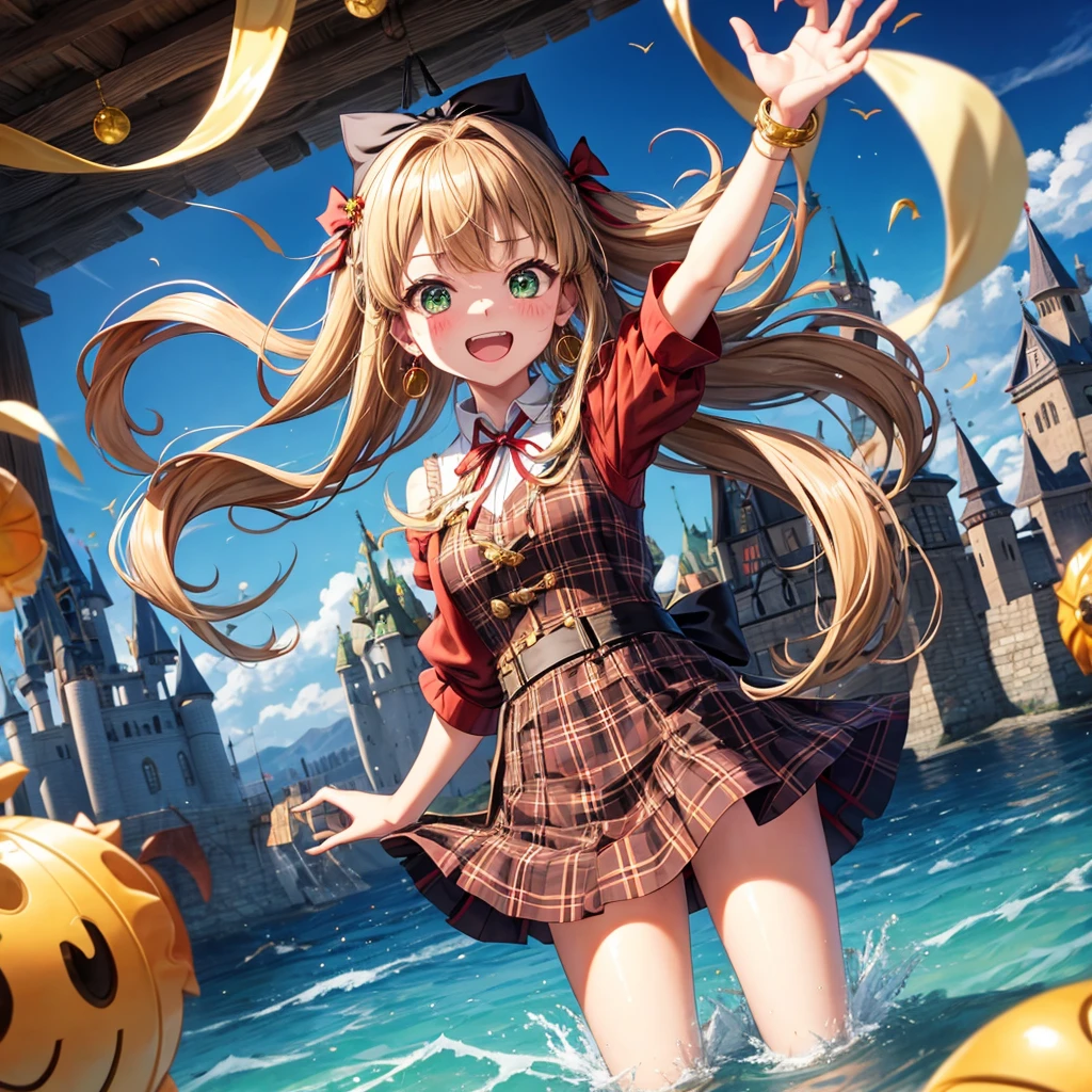 reddish-brown blonde、green eyes、one good looking girl、solo、anime、plaid mini skirt、the skirt has buttons、camisole、black t-shirt、dress、wearing a ribbon、ribbon at waist、cloak、hood、clouds are swirling、stone slabs are piled up、one hand raised、crystal earrings、sun、gold coins are falling、teeth are visible、splash of water、monster castle、have a world map、bow、Swing、ceiling、frying pan、graffiti、scarecrow、heart