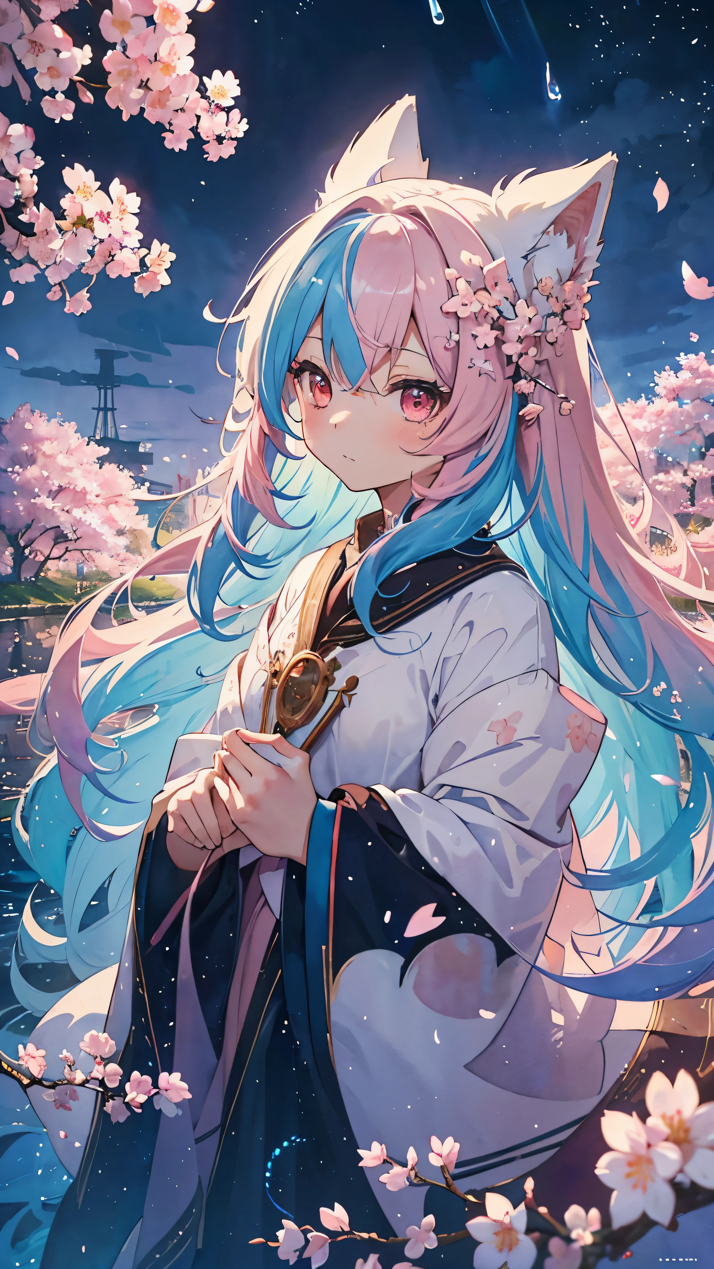 fox ears, fox tail, ( masterpiece、highest quality、highest quality、water彩画(curly)、official art、beautiful beautiful:1.2)、(1 girl:1.3)、(fractal art:1.3)、pattern、(rainbow colored hair、colorful hair、Half blue and half light pink hair:1.2)、water、liquid、 cloud、starry sky、performer、((rain)),(((Cherry Blossom))),
1 girl, alone, red eyes,white haired god,white long hair,headgear,best shadow, shallow depth of field, amazingly beautiful girl, , delicate, beautiful and attractive face, table top, highest quality,sprinkle with artistry