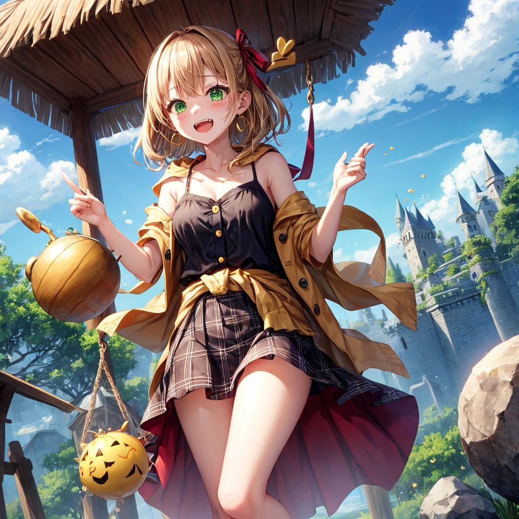 reddish-brown blonde、green eyes、one good looking girl、solo、anime、plaid mini skirt、the skirt has buttons、camisole、black t-shirt、dress、wearing a ribbon、ribbon at waist、cloak、hood、clouds are swirling、stone slabs are piled up、one hand raised、crystal earrings、sun、gold coins are falling、teeth are visible、splash of water、monster castle、have a world map、bow、Swing、ceiling、frying pan、graffiti、scarecrow、heart
