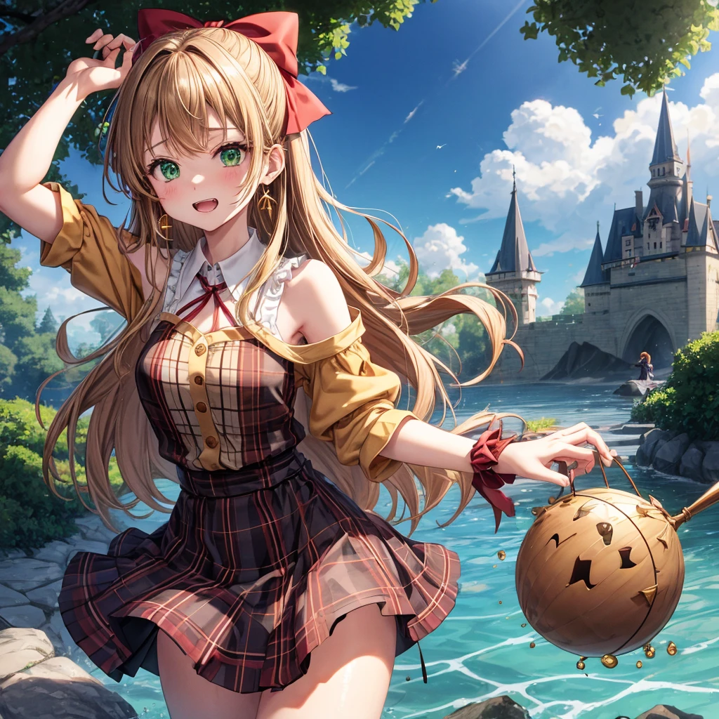 reddish-brown blonde、green eyes、one good looking girl、solo、anime、plaid mini skirt、the skirt has buttons、camisole、black t-shirt、dress、wearing a ribbon、ribbon at waist、cloak、hood、clouds are swirling、stone slabs are piled up、one hand raised、crystal earrings、sun、gold coins are falling、teeth are visible、splash of water、monster castle、have a world map、bow、Swing、ceiling、frying pan、graffiti、scarecrow、heart