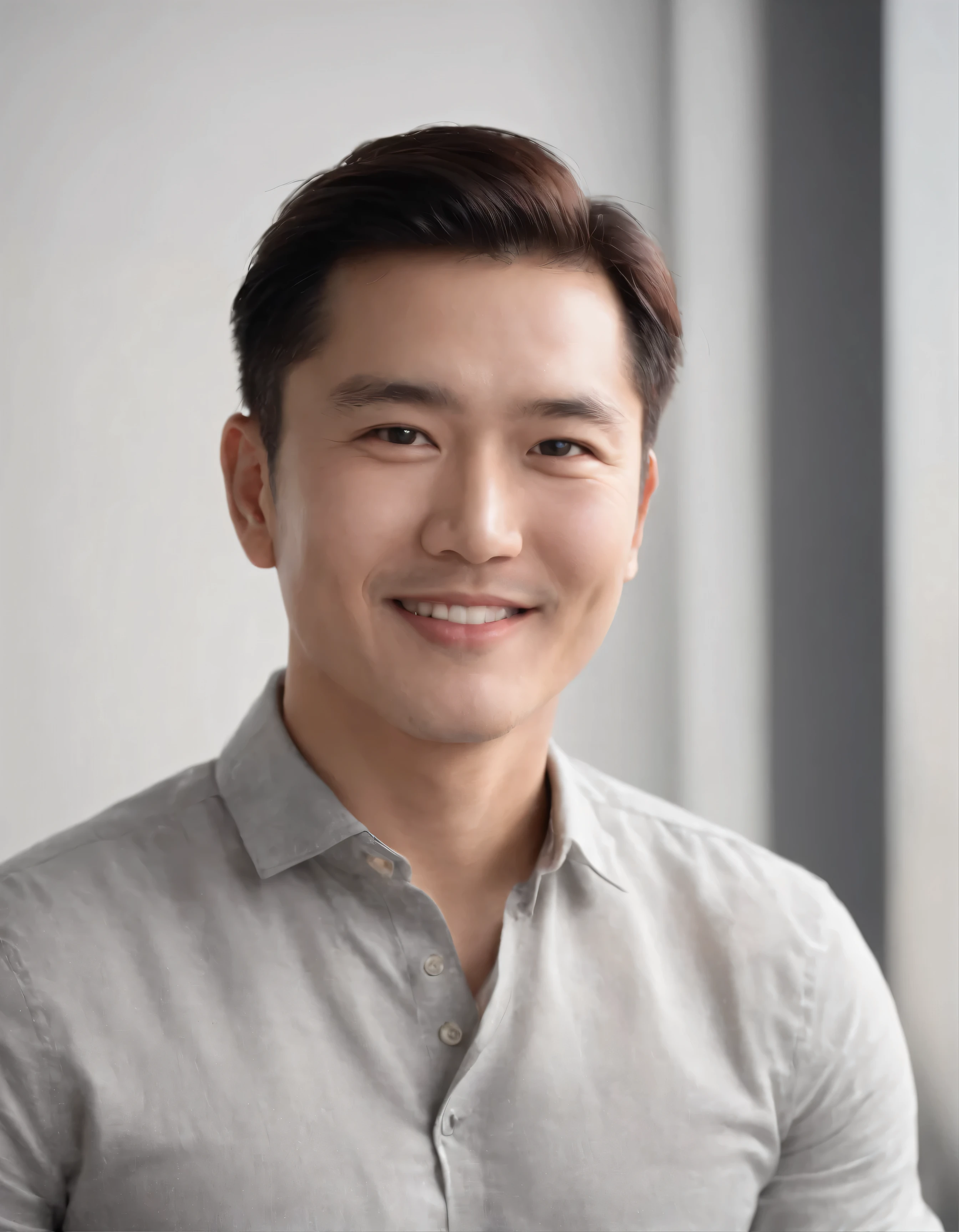 (best quality,4k,high resolution,masterpiece:1.3), realistic portrait of an East Asian man, soft light, clear face, hapiness的表情, hapiness, smiling, warm light, (Gray and white gradient background), (gray wall background), head shot, (short hair或长发), smiling, Handsome, Mature, short hair, smiling, (close up) (whole body) portrait.