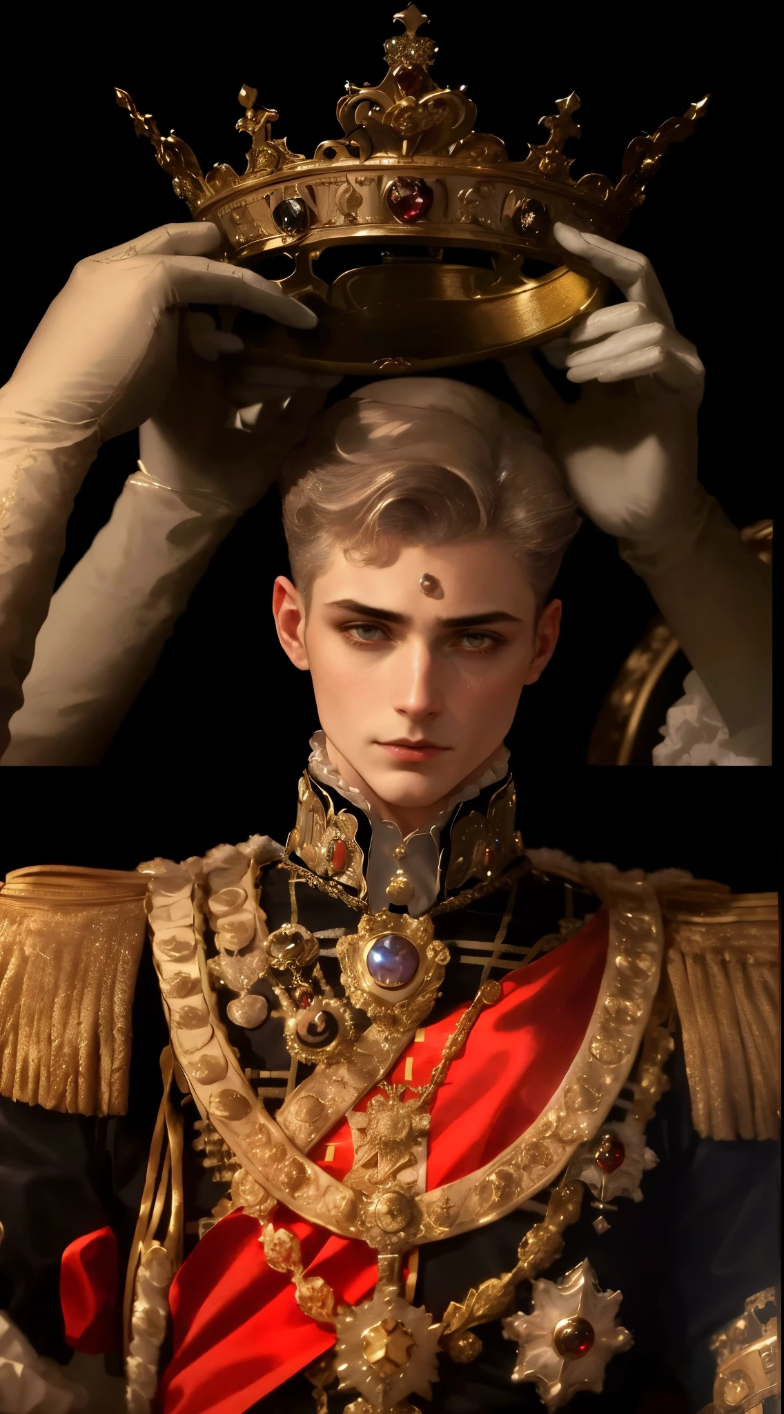 arafed image of a man in a uniform holding a crown over his head, beautiful androgynous prince, delicate androgynous prince, portrait of a victorian era duke, inspired by Prince Hoare, renaissance prince, inspired by Antonio Donghi, inspired by Jean-François de Troy, inspired by Horace Vernet, portrait of a victorian duke