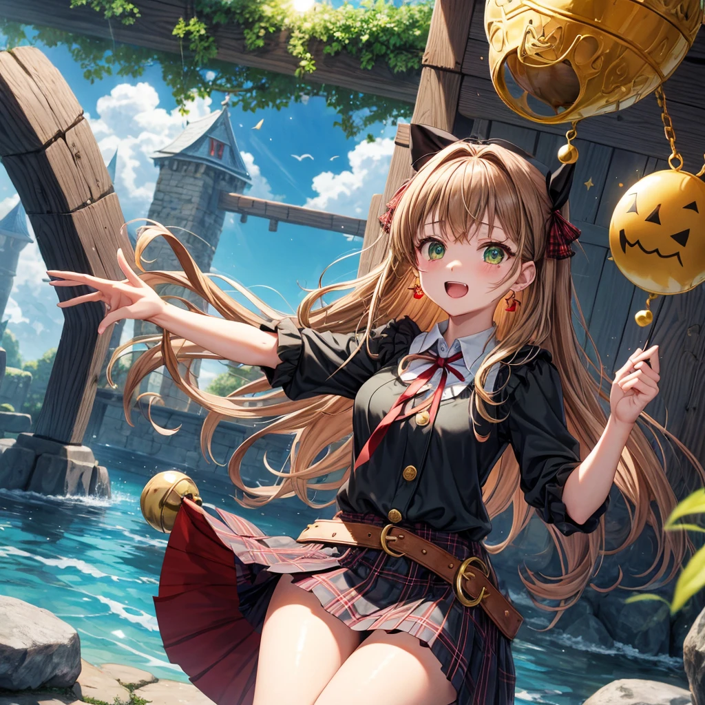 reddish-brown blonde、green eyes、one good looking girl、solo、anime、plaid mini skirt、the skirt has buttons、camisole、black t-shirt、dress、wearing a ribbon、ribbon at waist、cloak、hood、clouds are swirling、stone slabs are piled up、one hand raised、crystal earrings、sun、gold coins are falling、teeth are visible、splash of water、monster castle、have a world map、bow、Swing、ceiling、frying pan、graffiti、scarecrow、heart