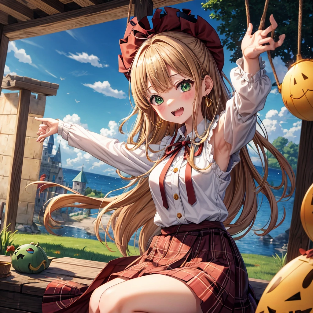 reddish-brown blonde、green eyes、one good looking girl、solo、anime、plaid mini skirt、the skirt has buttons、camisole、black t-shirt、dress、wearing a ribbon、ribbon at waist、cloak、hood、clouds are swirling、stone slabs are piled up、one hand raised、crystal earrings、sun、gold coins are falling、teeth are visible、splash of water、monster castle、have a world map、bow、Swing、ceiling、frying pan、graffiti、scarecrow、heart