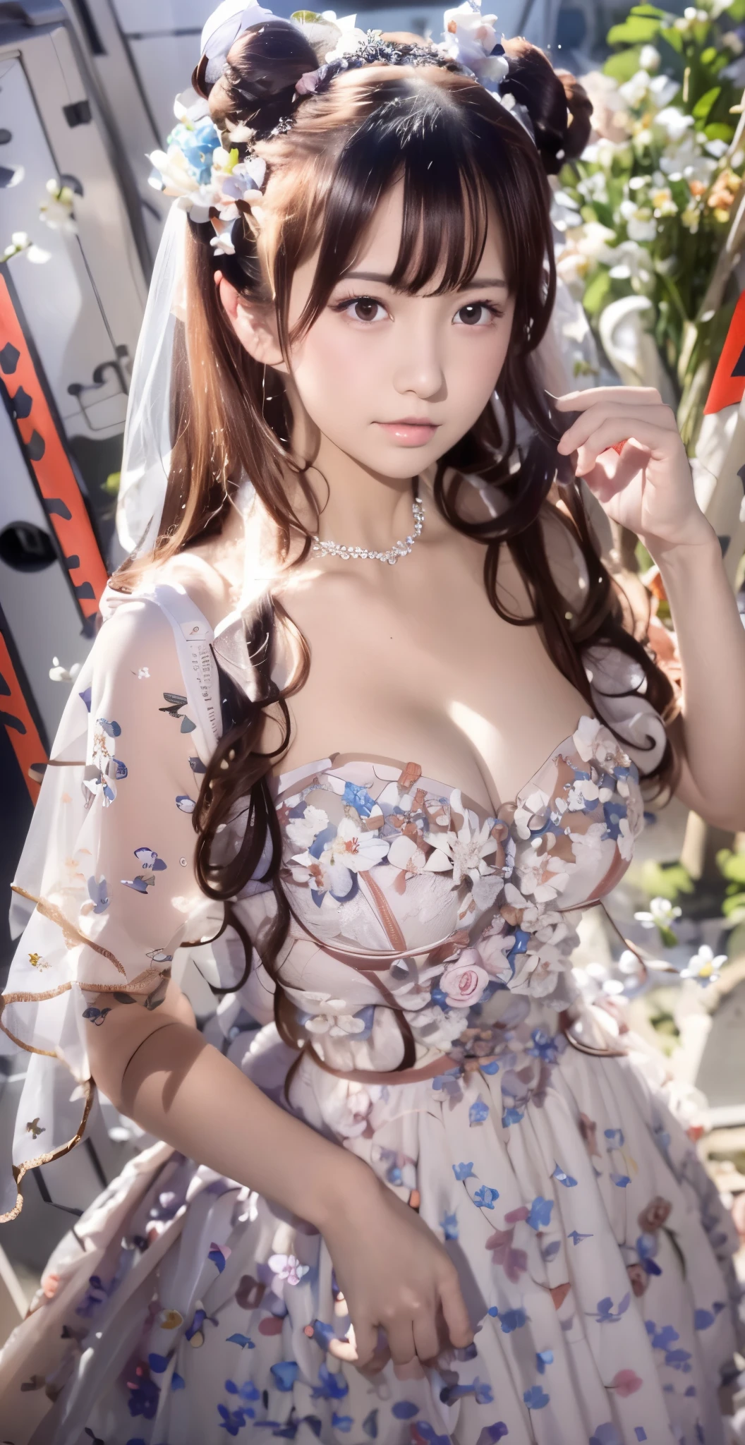 (((Pixel perfect, Perfect details))), alone, 1 girl, yuigahama yui,  Close-up of beautiful bride wearing beautiful wedding dress,Gurwitz, (bridal veil:1.5），（transparent short veil：1.5），blush，eye shadow，Blushing face，Head flower，headgear，bouquet，（tube top wedding dress：1.5），（silk dress：1.2）,（strapless wedding dress：1.5）,pure white dress，necklace，earrings，(large breasts:1.3)，Bangs，lipstick，（White long elbow gloves：1.4）,whole body照,High-detail RAW color art,White long skirt，whole body，(standing on the railroad tracks:1.3),18 years old, （long twintails：1.5）,(double bun:1.5), black hair