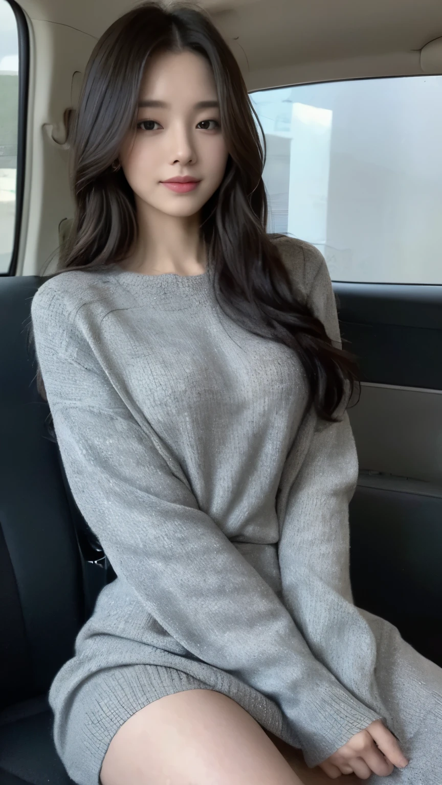 ((top-quality、8k、masterpiece:1.3))、Beautiful woman with perfect body:1.4、slim abdomen:1.2、Longhair, normal breast, Highly detailed facial and skin texture, A detailed eye, delicate eyes, double eyelid, (smile), (full body shot), ((in a car 1.1)), (sitting in car), (((wearing grey Sweater Dress:1.1)), looking in front