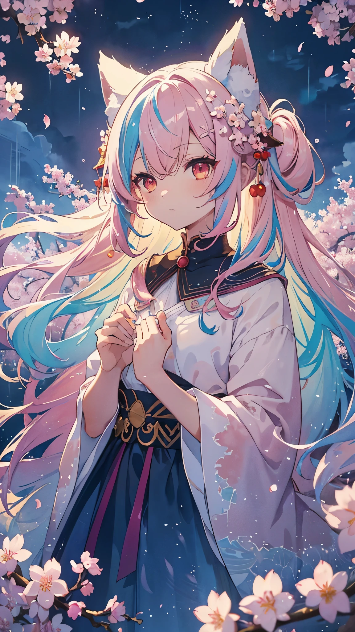 Fox ears, Fox tails, ( masterpiece、top-quality、top-quality、watercolor paiting(Curly)、Official art、Beautifully Aesthetic:1.2)、(1girl in:1.3)、(Fractal Art:1.3)、patterns、(rainbow-colored hair、colourful hair、Half blue and half light pink hair:1.2)、Eau、liquids、 clouds、starrysky、stele、((Rain)),(((cherryblossom))),
1girll, solo, Red Eyes,white haired god,Long whit hair,head gear,Best Shadow, shallowdepthoffield, stunningly beautiful girl, , Delicate, beautiful attractive face, masutepiece, Best Quality,Sprinkle with artistic